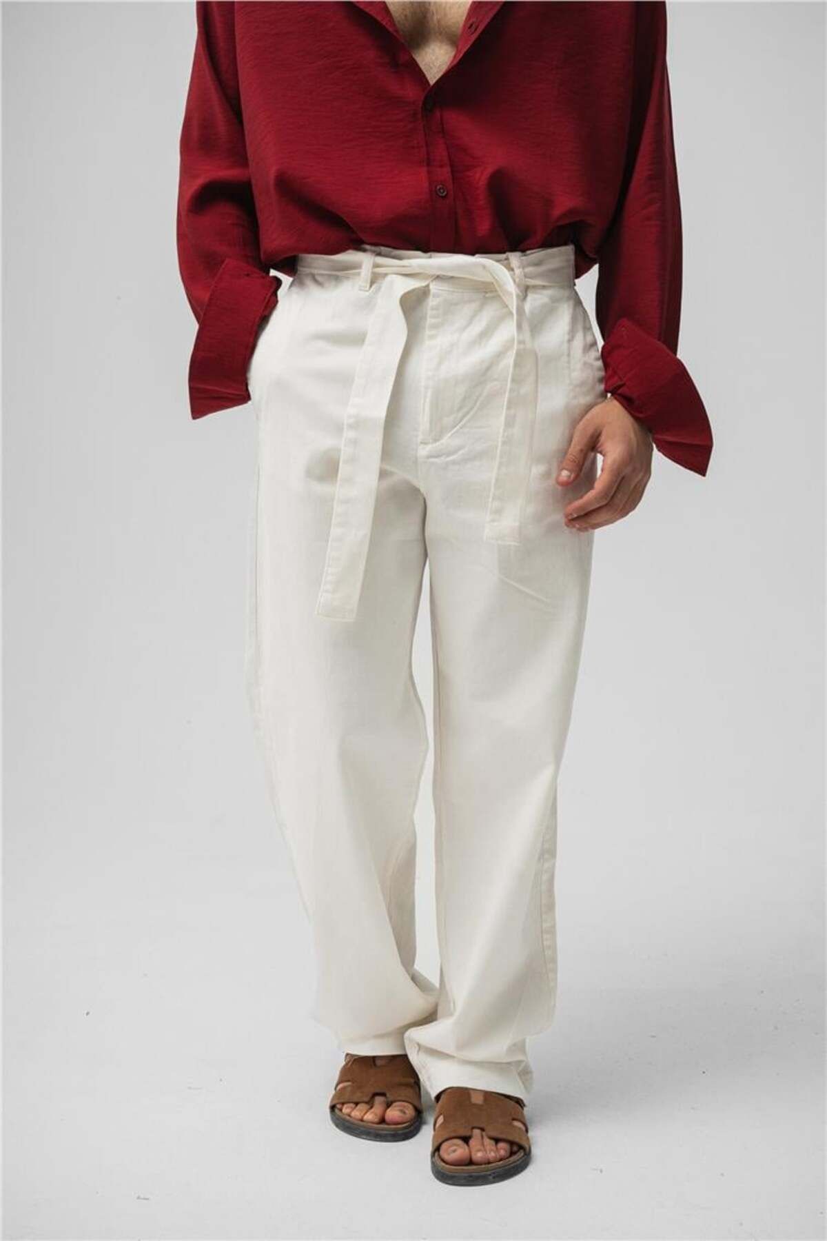 OUTFİT MAN Erkek Kuşaklı Baggy Pantolon Beyaz