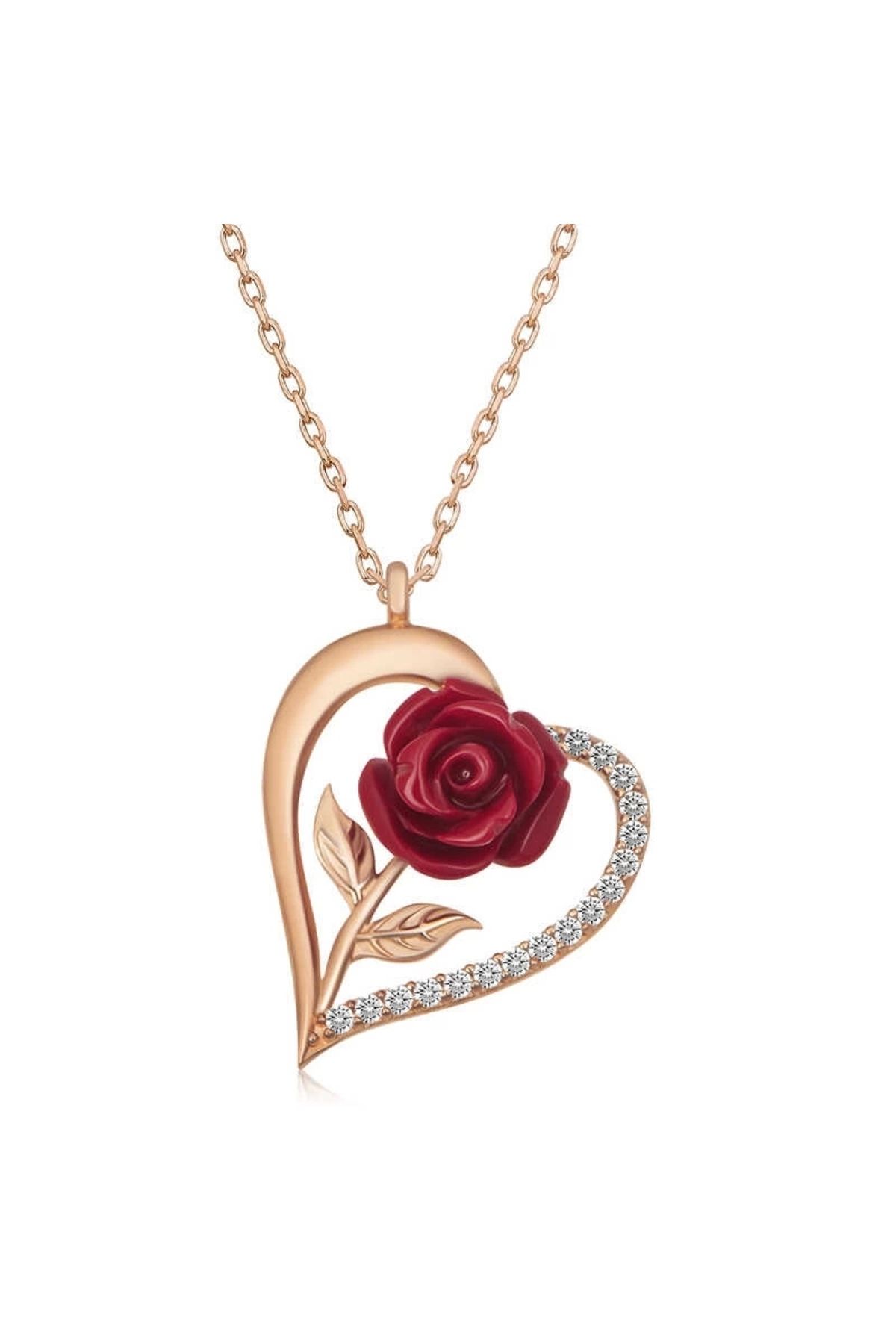 luz&pos gümüş Rose Kalpli Kırmızı Gül Kadın Kolye