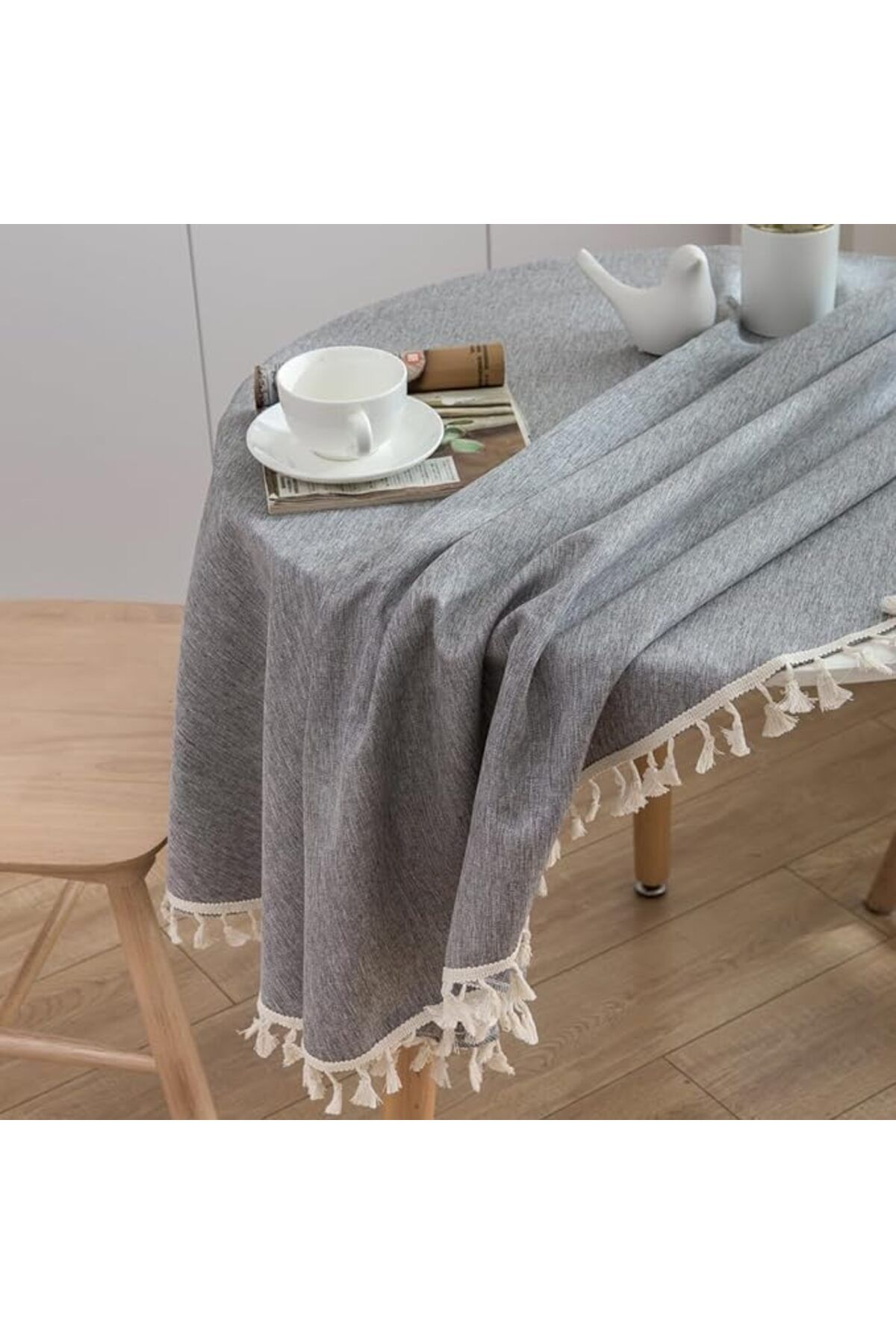 Generic-Tazweeq Round Linen Tablecloth, Rustic Durable Dustproof Tassel Table Cover, Suitable for Kitchen, 7