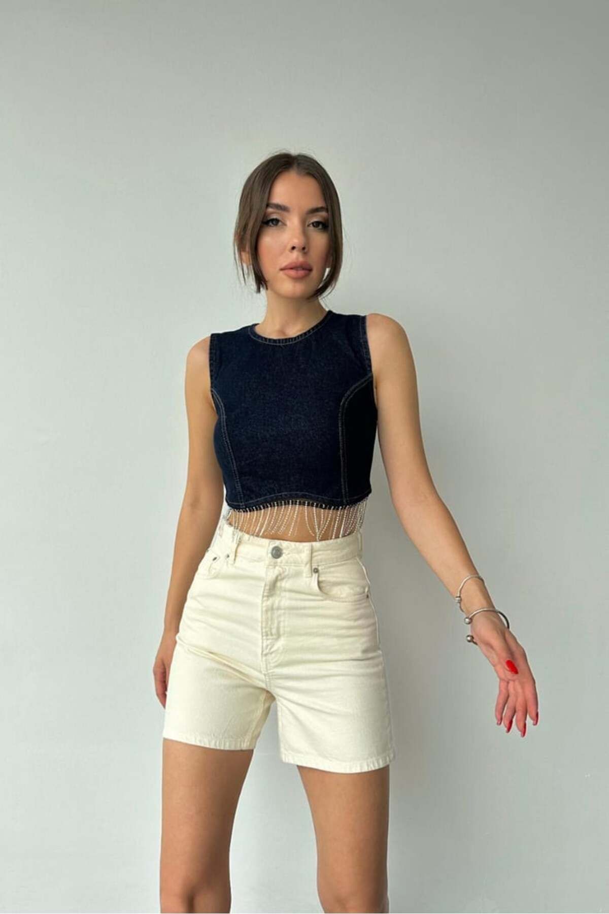 Castivo Fashion Taş Püsküllü Koyu Denim Crop Büstiyer