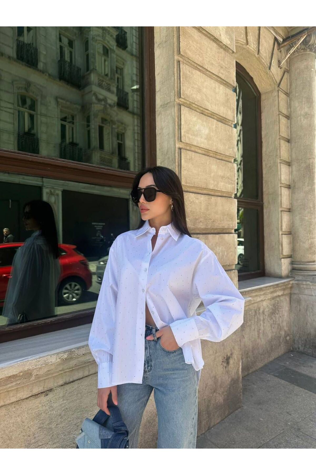 Hotfashion Beyaz Oversize İnce Nokta Desenli Gömlek