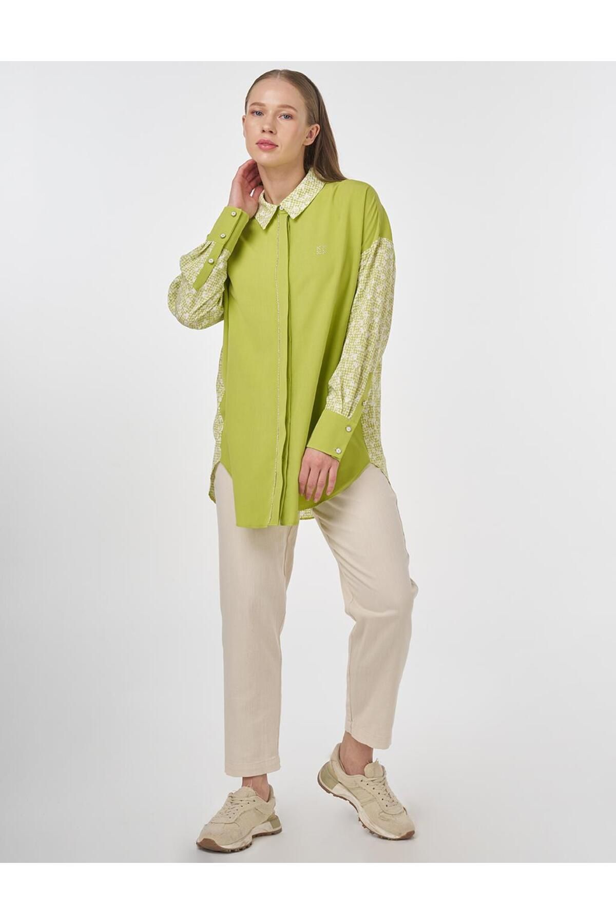 Kayra Floral Desen Gömlek Yaka Tunik Fıstık Yeşili