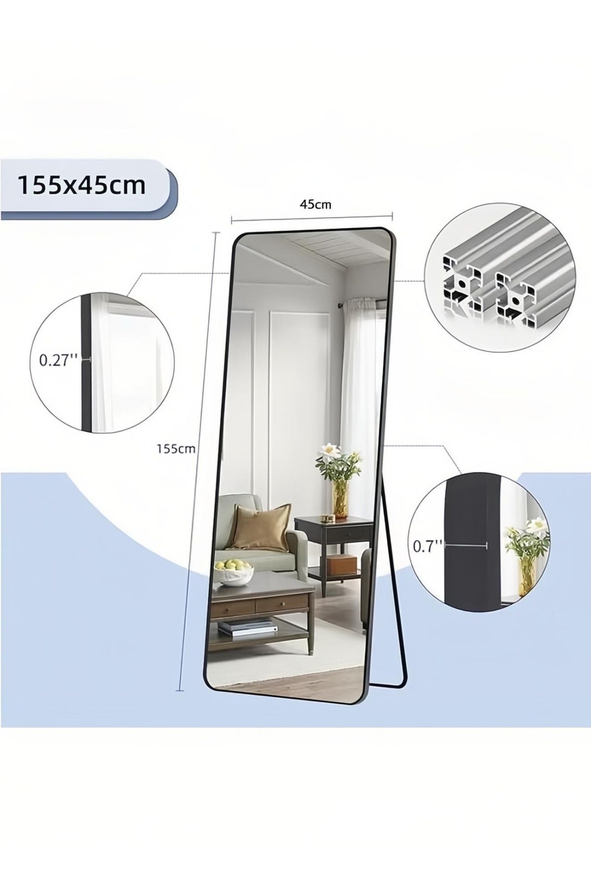 Lumely-Modern Rectangular Full Length Mirror With Rounded Corners And White Metal Frame 155 X 45cm 4