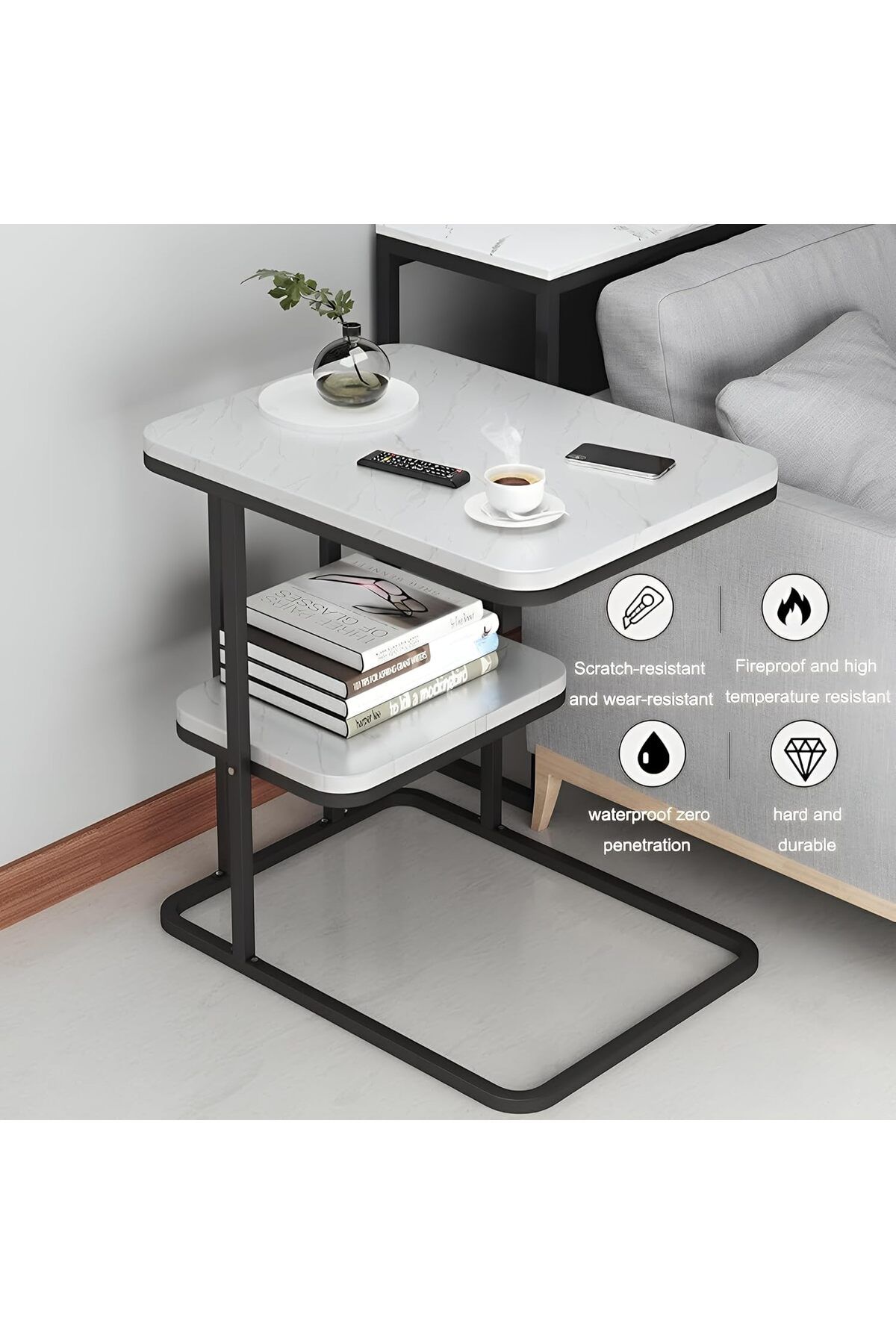 Generic-Taimi Modern Side and Coffee Table with 2-Tier Storage Shelf – Open Rectangular Design with Metal F 3