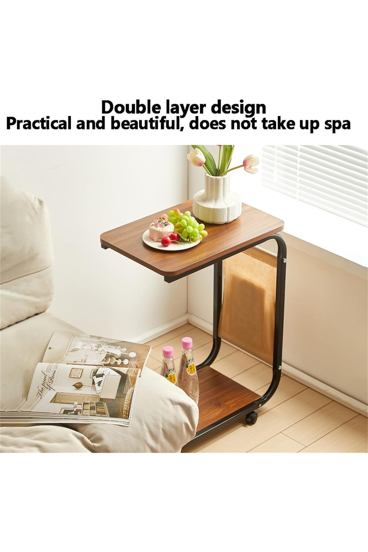 Generic-Wemart C Shaped End Table, Small Couch Side Table with Storage Bag, Sturdy Slide Under Sofa Table w 5