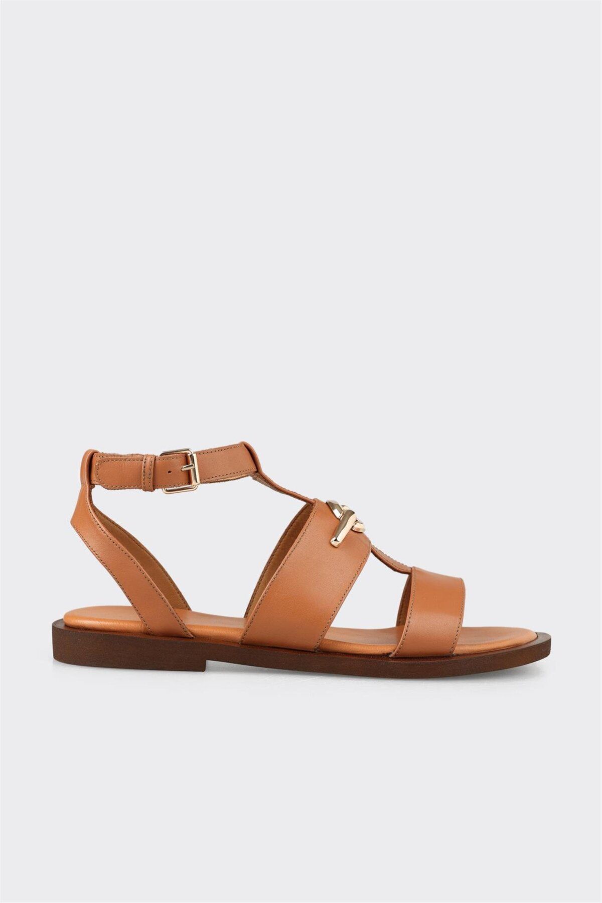 Elle Shoes Taba Deri Kadın Sandalet