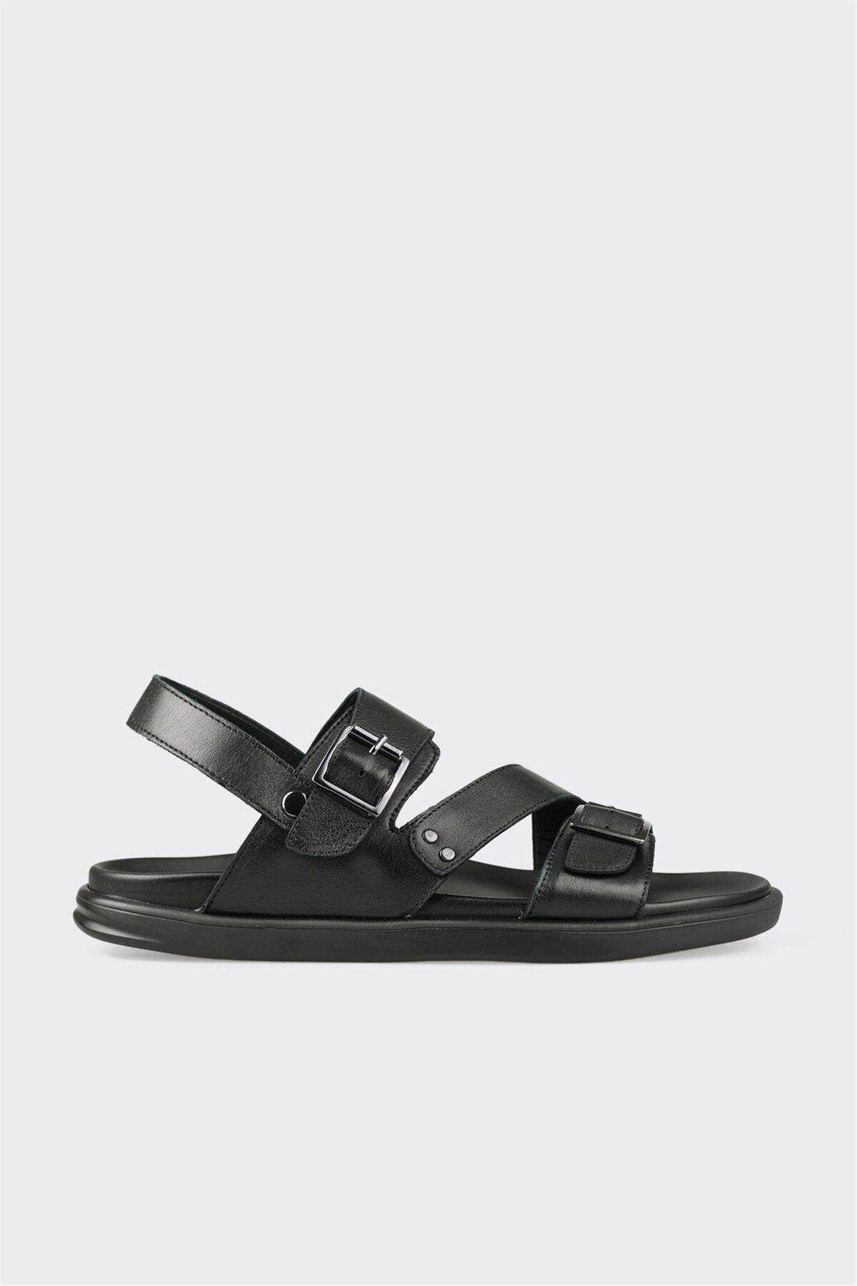 Elle Shoes Siyah Deri Erkek Sandalet