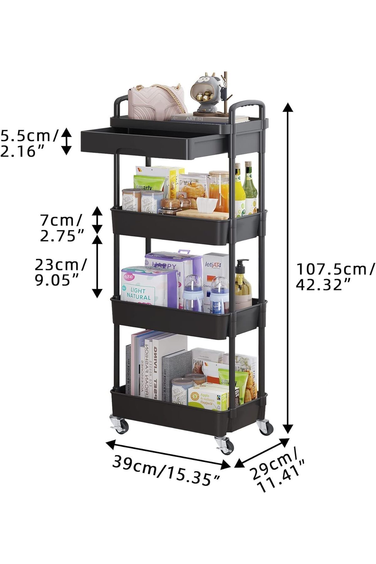 Generic-Durku 4-Tier Rolling Utility Cart with Drawer,Multifunctional Storage Organizer with Plastic Shelf 4