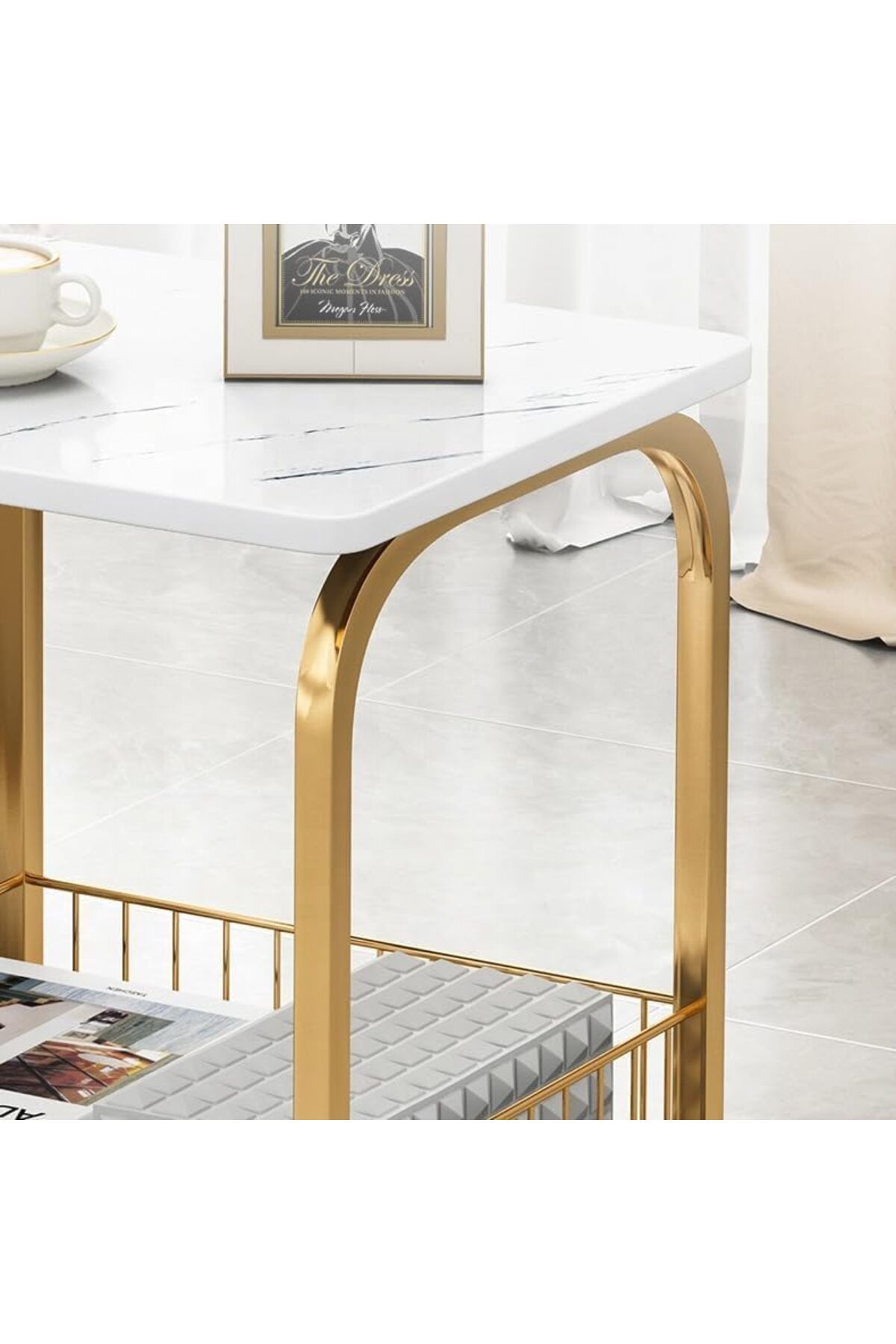 AGD-Luxury Faux Marble Coffee Table with Gold Frame Double Layer Multipurpose Side Table Snack Drink 7