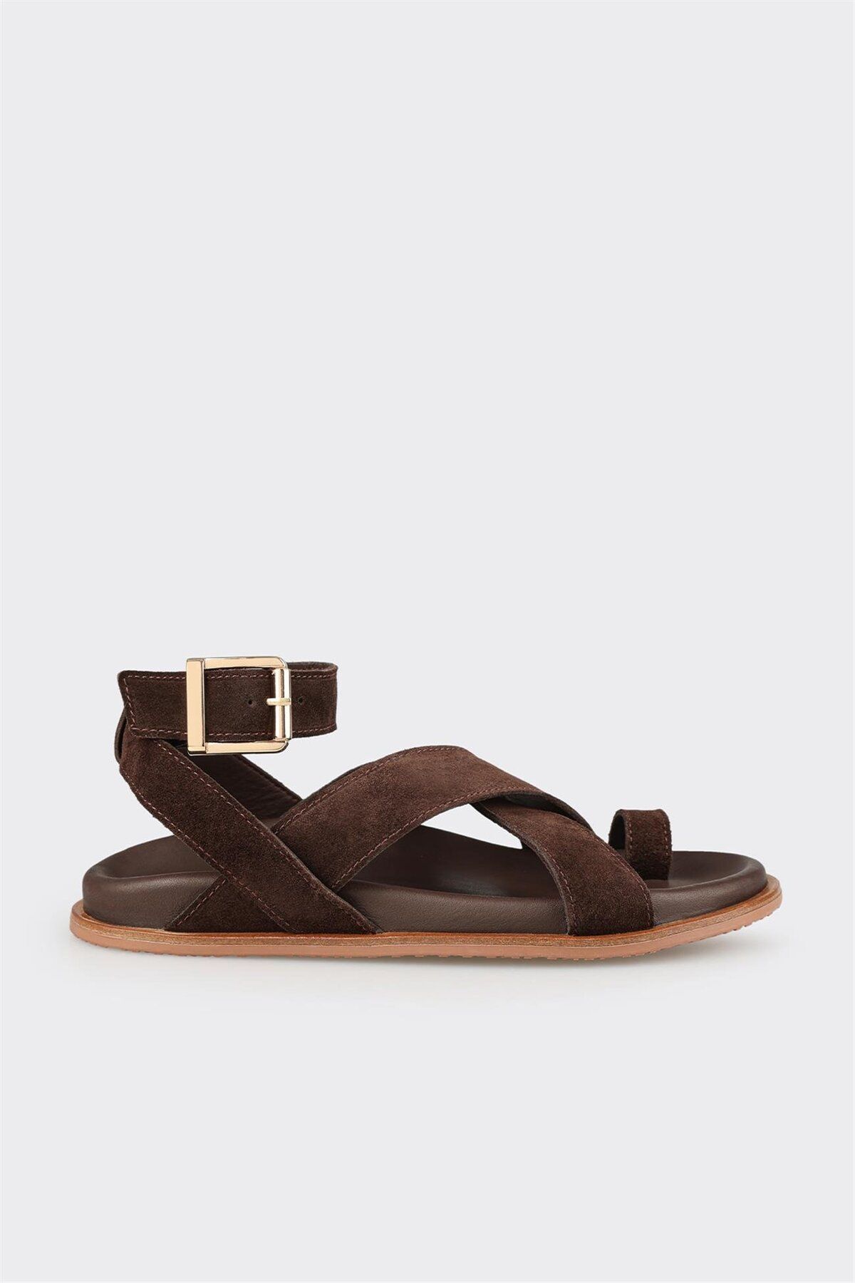 Elle Shoes Kahve Deri Kadın Parmak Arası Sandalet