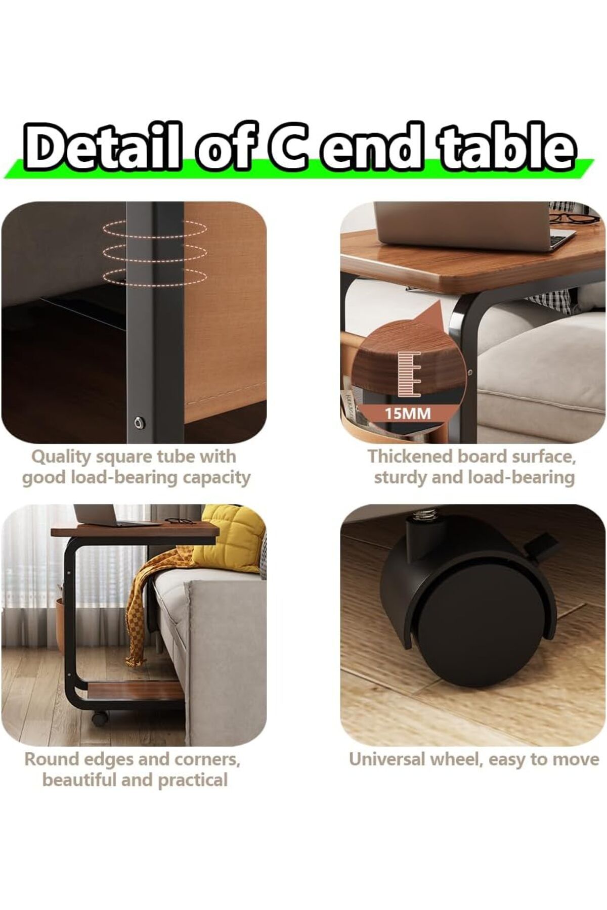 Generic-QEUUNEY C Shaped End Table with Wheel, Couch Table with Side Pockets, Side Table for Couch, Sofa, B 6