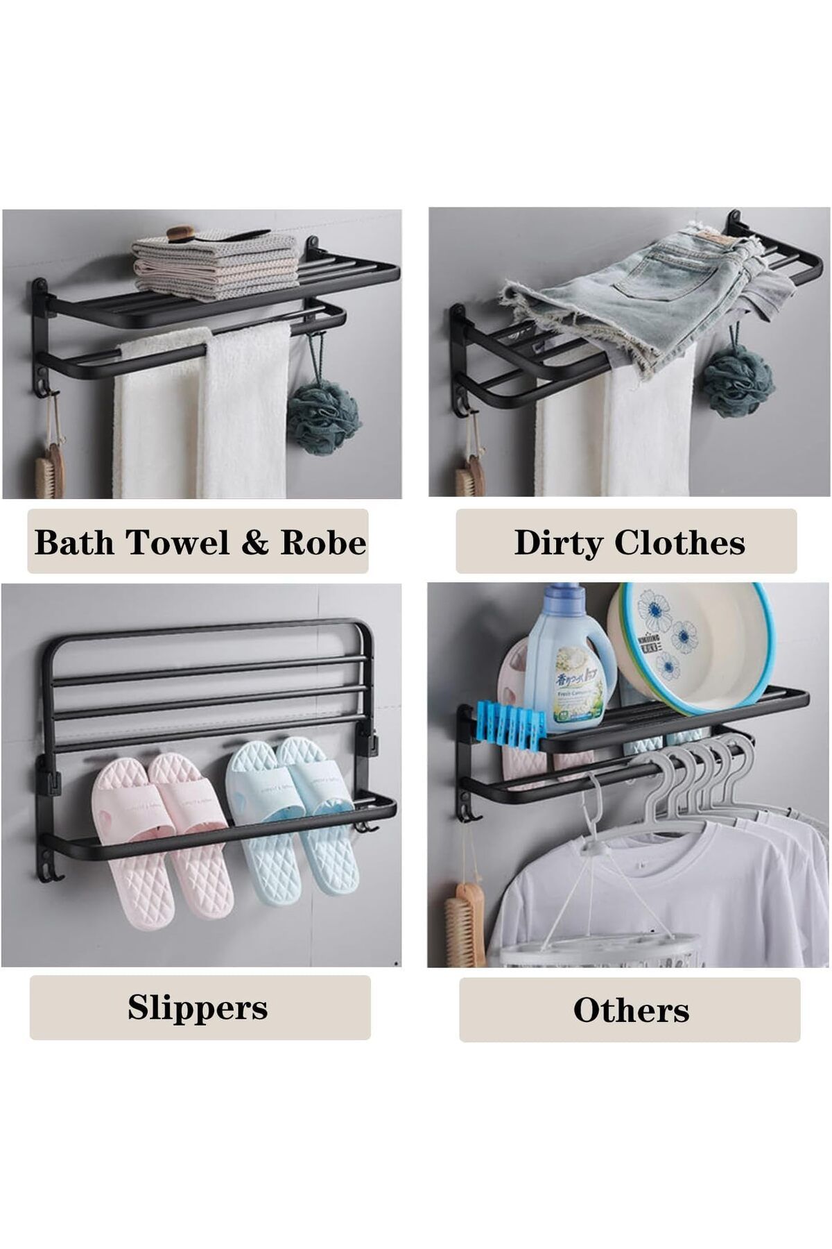 Generic-Excefore Towel Rack for Bathroom, 40 cm Wall-Mounted Towel Holder with Double Bar and Foldable Shel 3