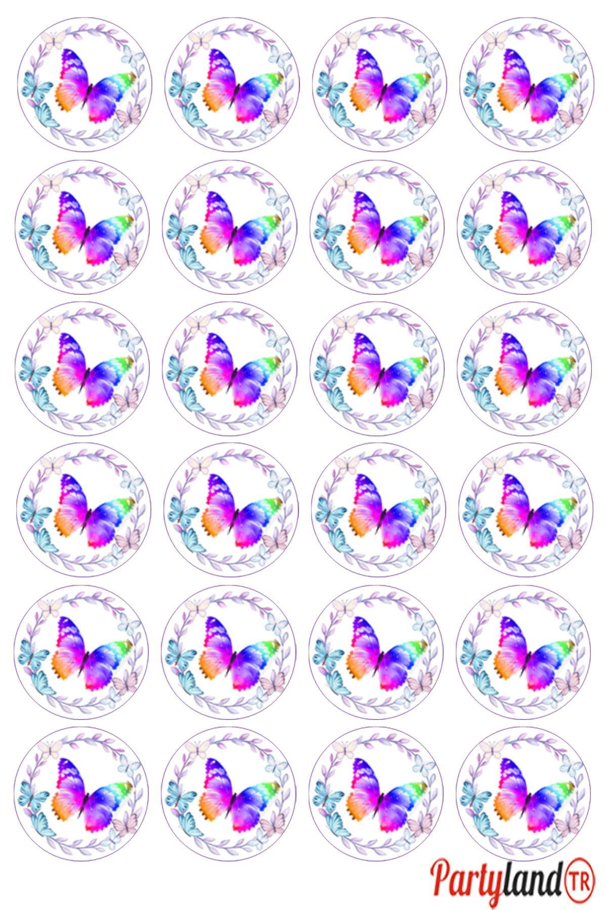 PartylandTR Kelebek Model 5 cm. Yapışkanlı Yuvarlak Etiket - Sticker 24 Adet