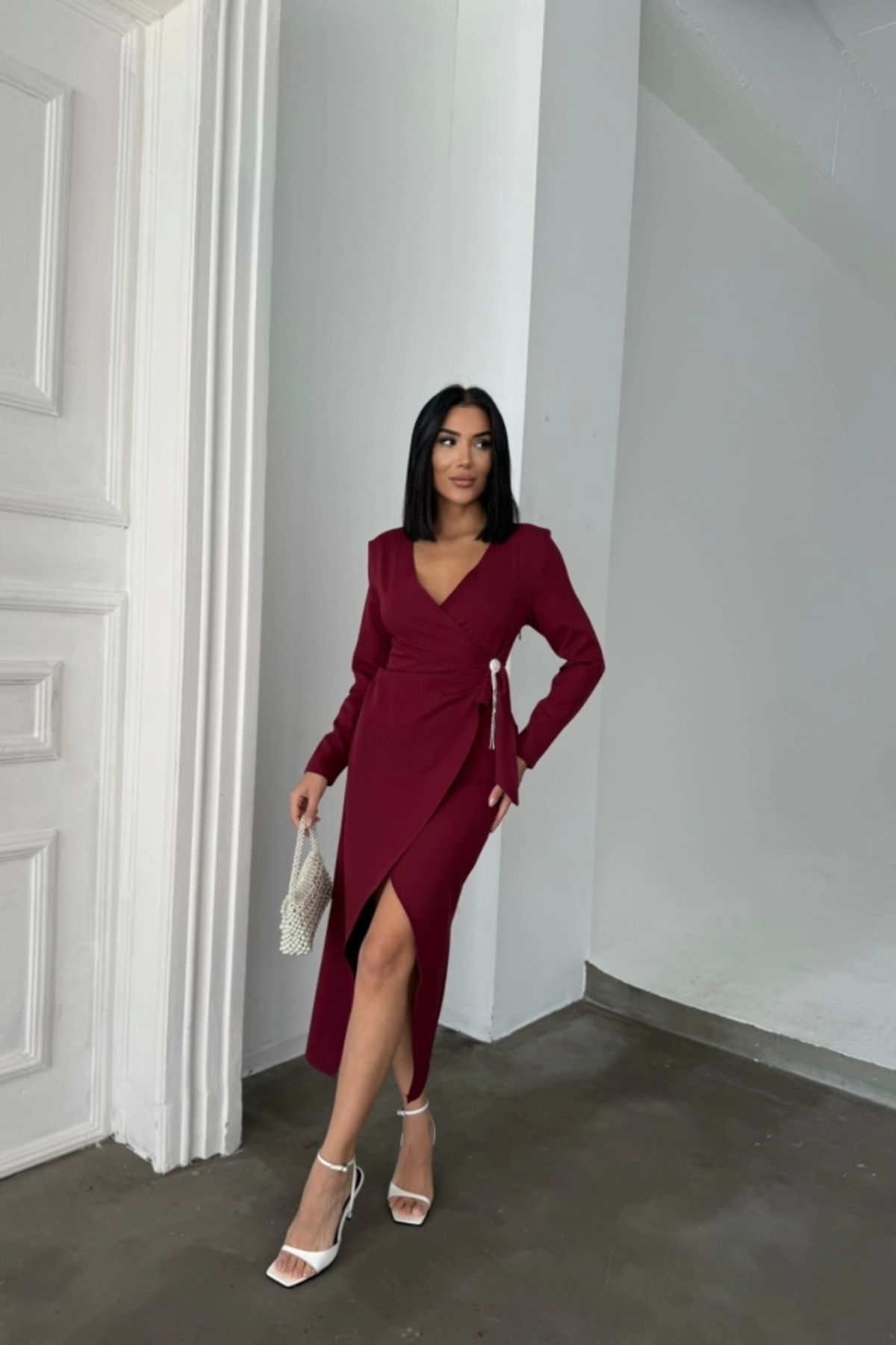 nedo7 KRUVAZE BROŞ DETAYLI ELBİSE - Bordo