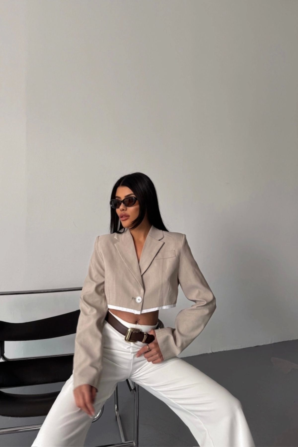 nedo7 CROP CEKET TEK DÜĞME - Bej