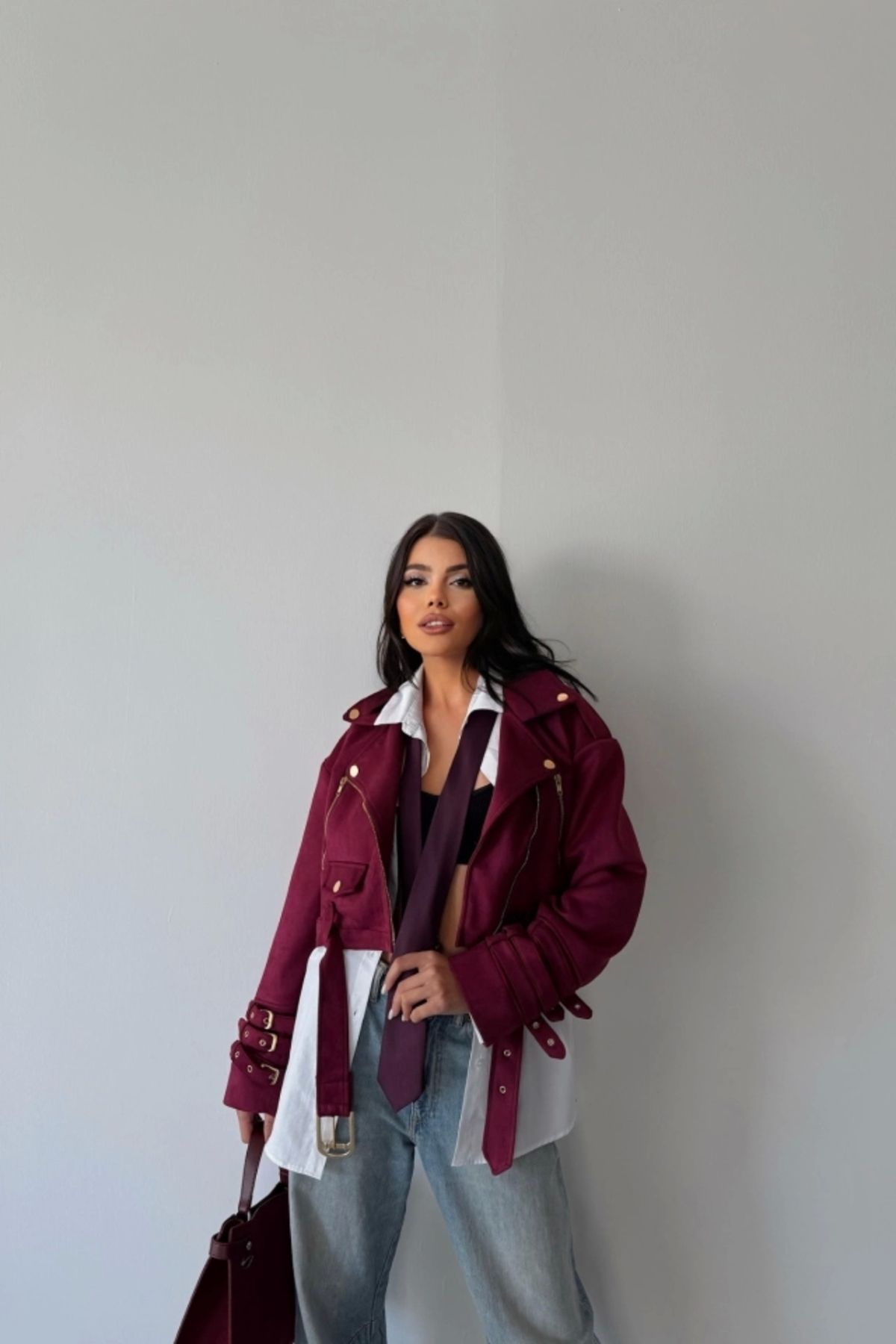 nedo7 SÜET CROP CEKET KOL 3 KEMER DETAYLI - Bordo