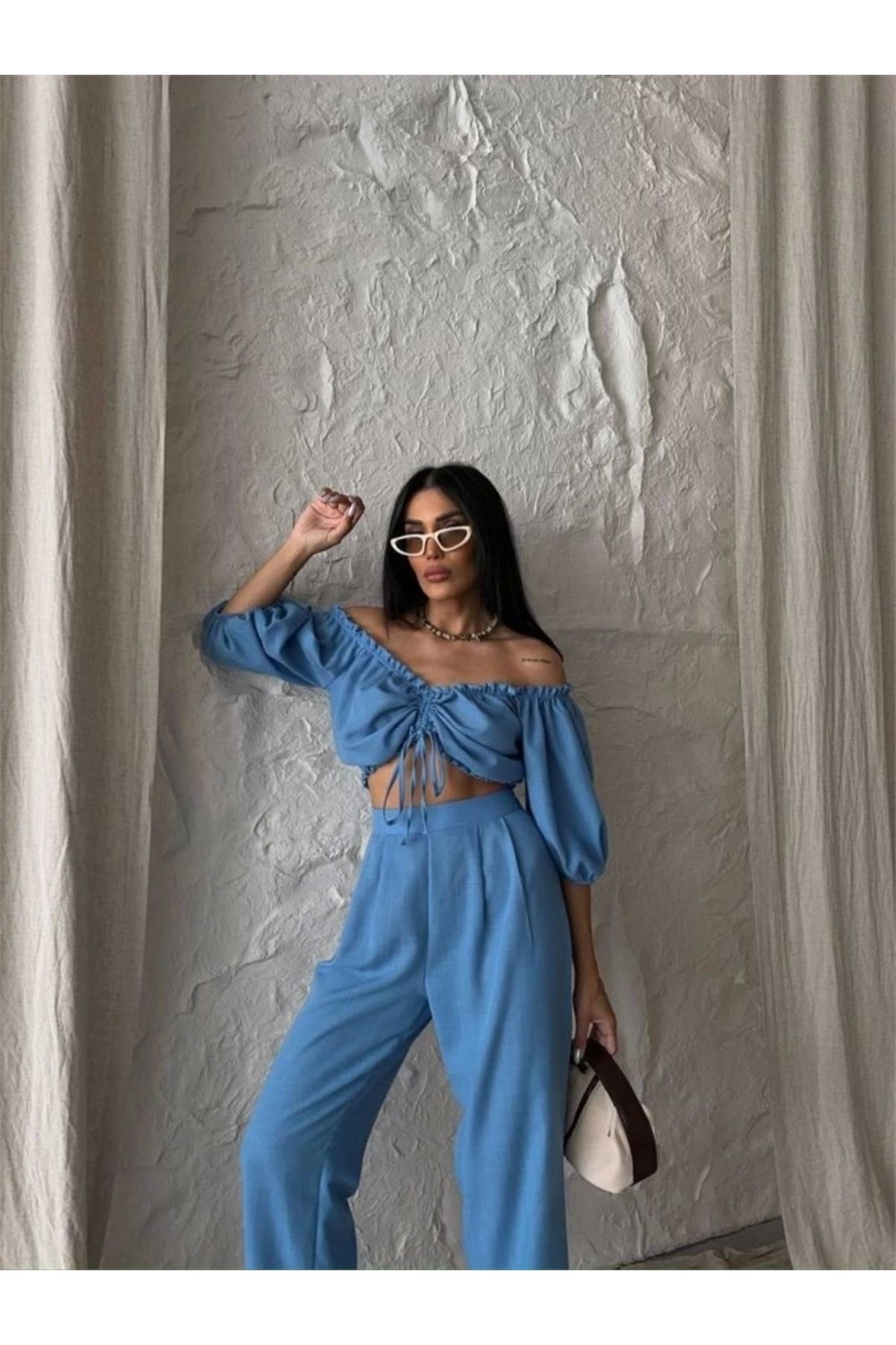nedo7 KETEN CROP BLUZ BÜZGÜ YAKA + PANTOLON TAKIM - Mavi