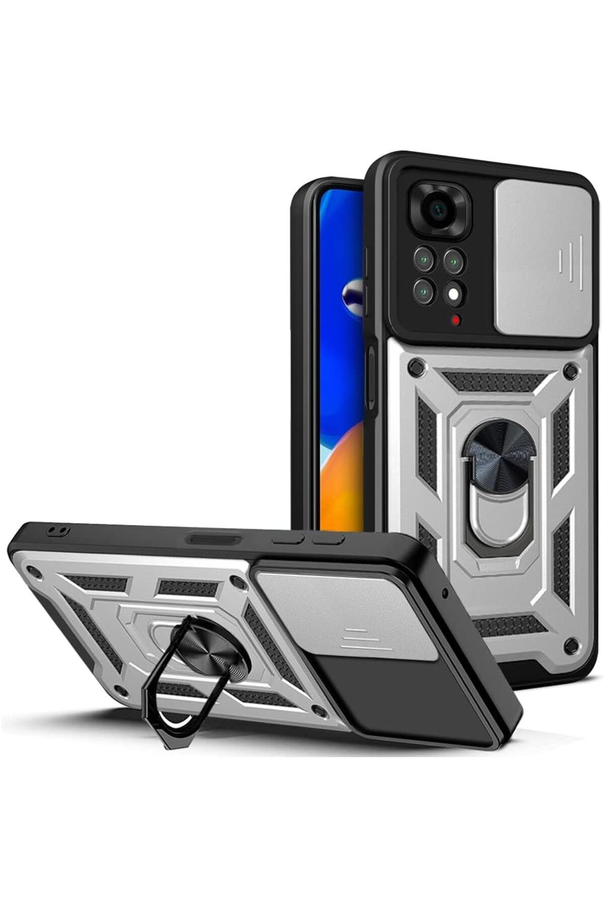 Rivor Xiaomi Redmi Note 11 & Note 11S Kılıf Kamera Sürgülü Standlı Yüzüklü Darbe Emici Koruyucu Tank Kapak