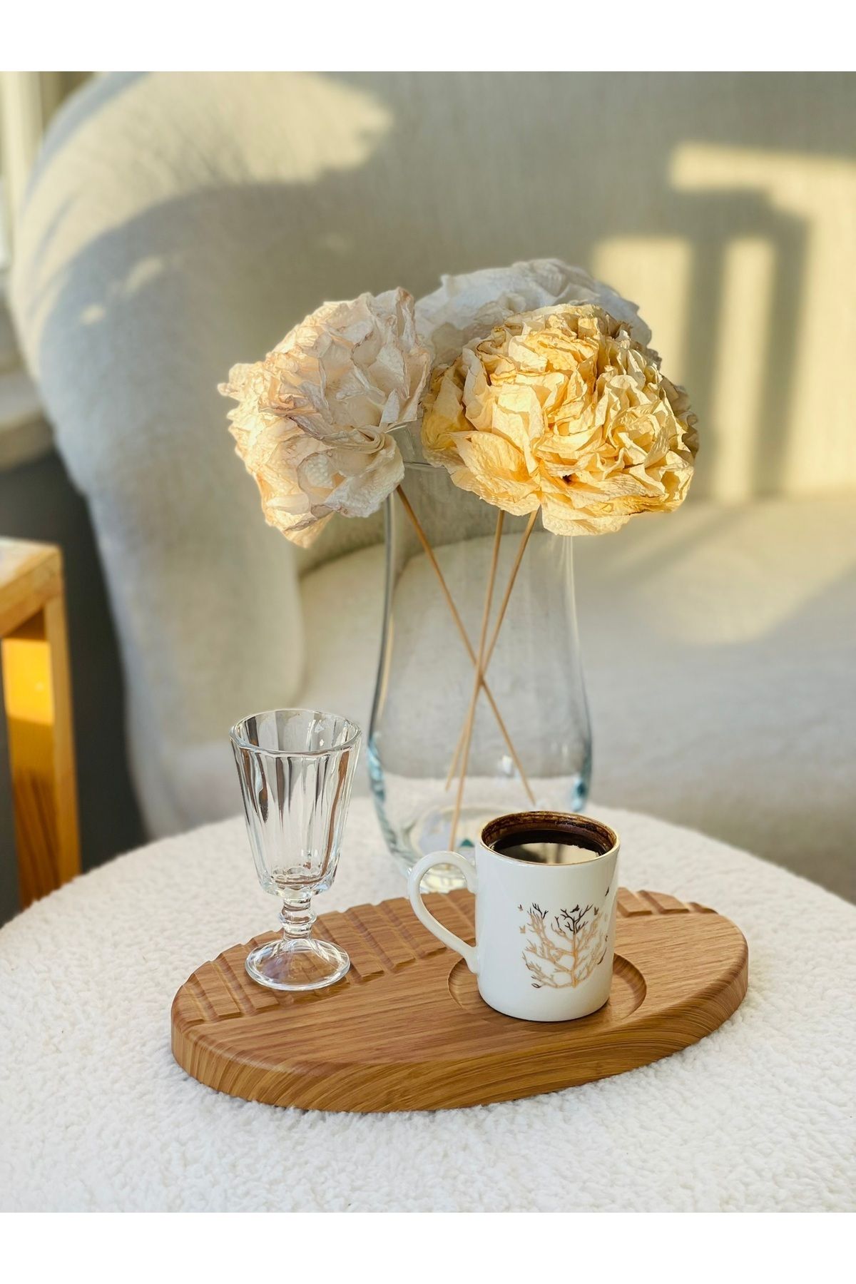 MajesteHome BambuLine Kahve Çekirdeği Sunum Tepsisi Bambu Görünümlü MDF 25x15cm tepsi kahve fincan dekoratif