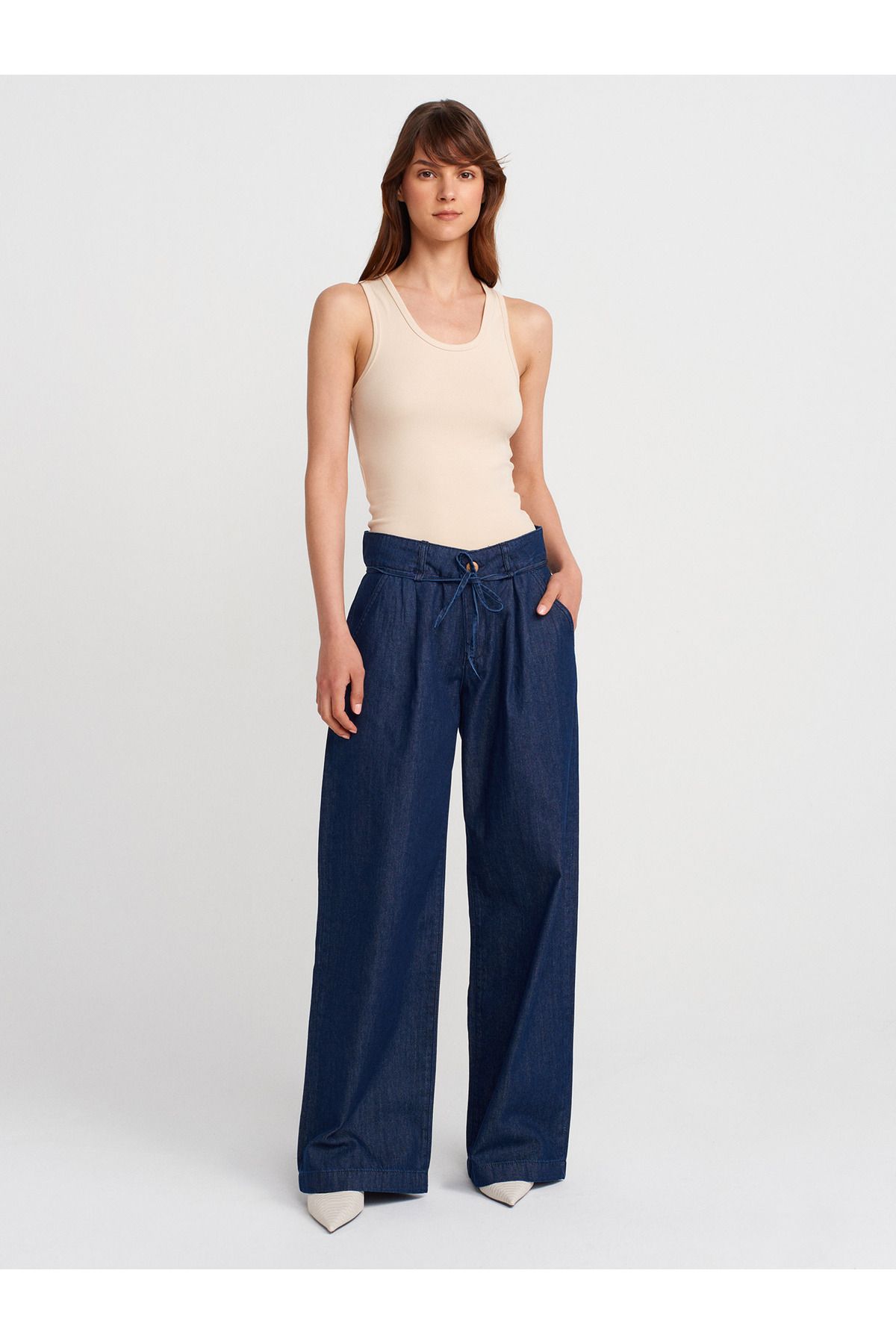 Dilvin 72001 İnce Kemerli Denim Pantolon-Lacivert
