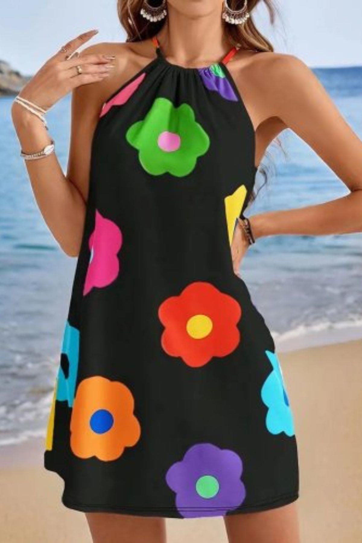 DÖPİYES Çiçek Desenli Halter Yaka Mini Süprem Elbise