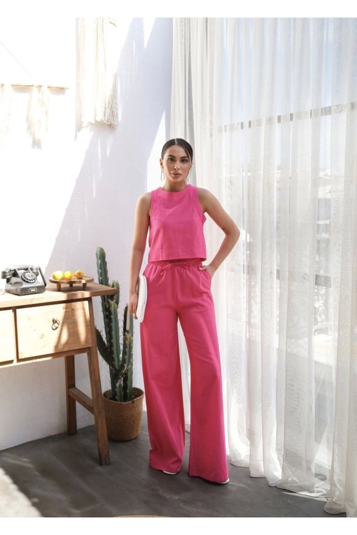 Butik Keten Bluz Ve Pantolon İkili Takim