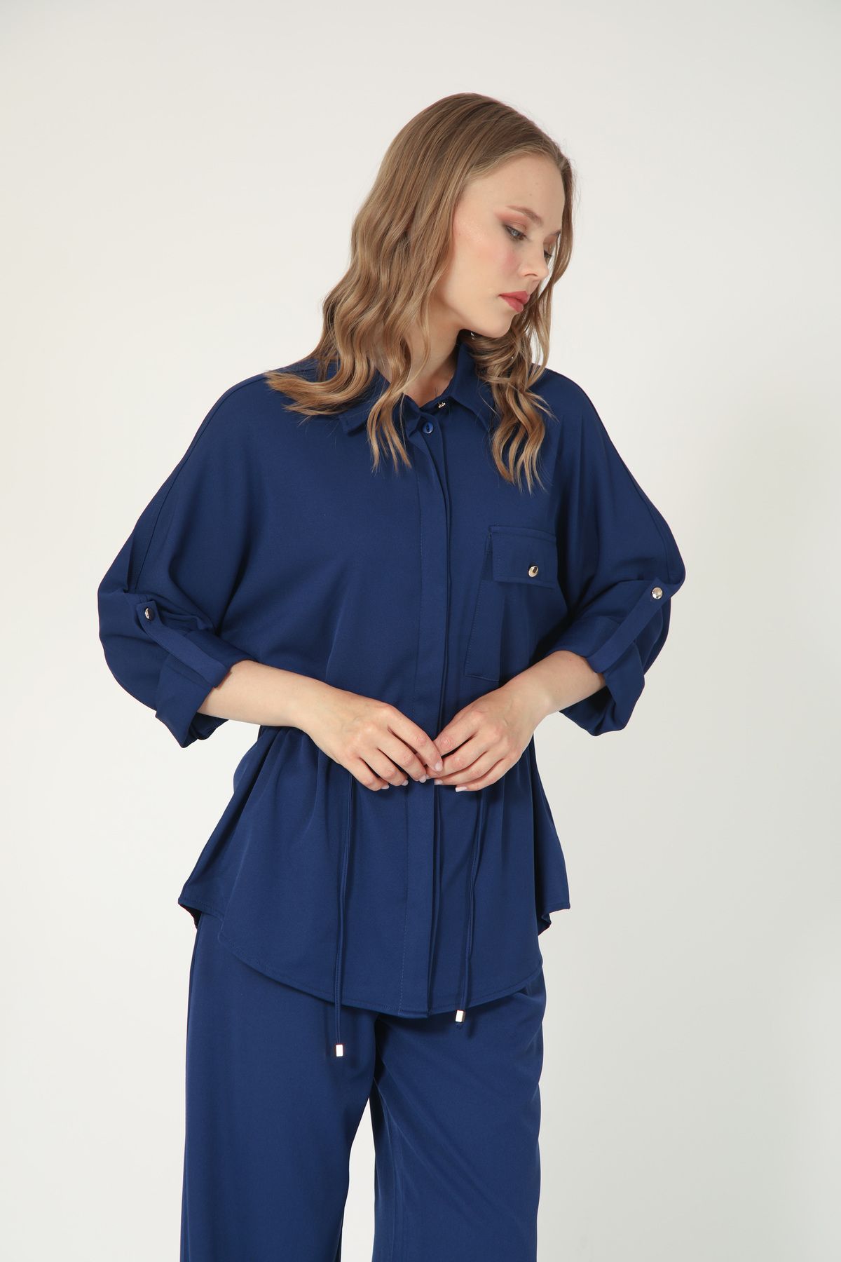 Suede Style 5728 - Şık Rahat Bel İp Büzgü Detaylı Gömlek-Pantolon Kadın Takım