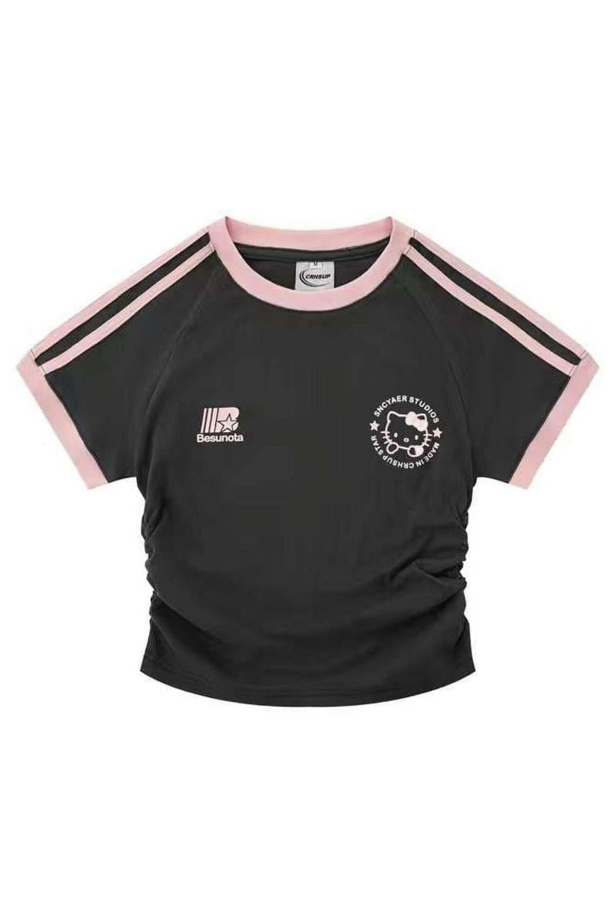 Köstebek Hello Kitty Sports Pembe Şerit Kısa Kollu Crop Tişört
