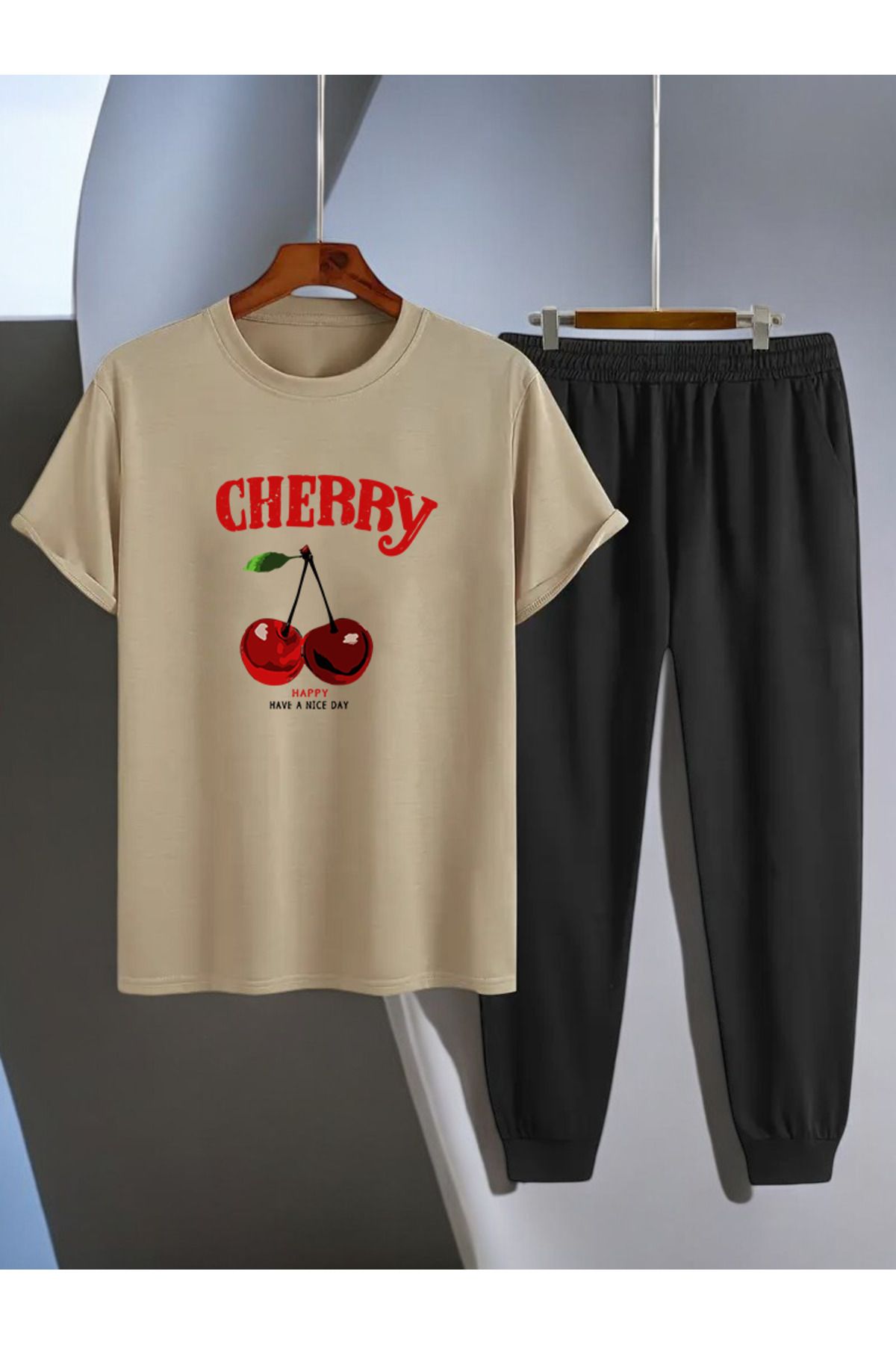 uyguntarz Unisex Happy Cherry Tasarım Basklı Tshirt Eşofman Takımı
