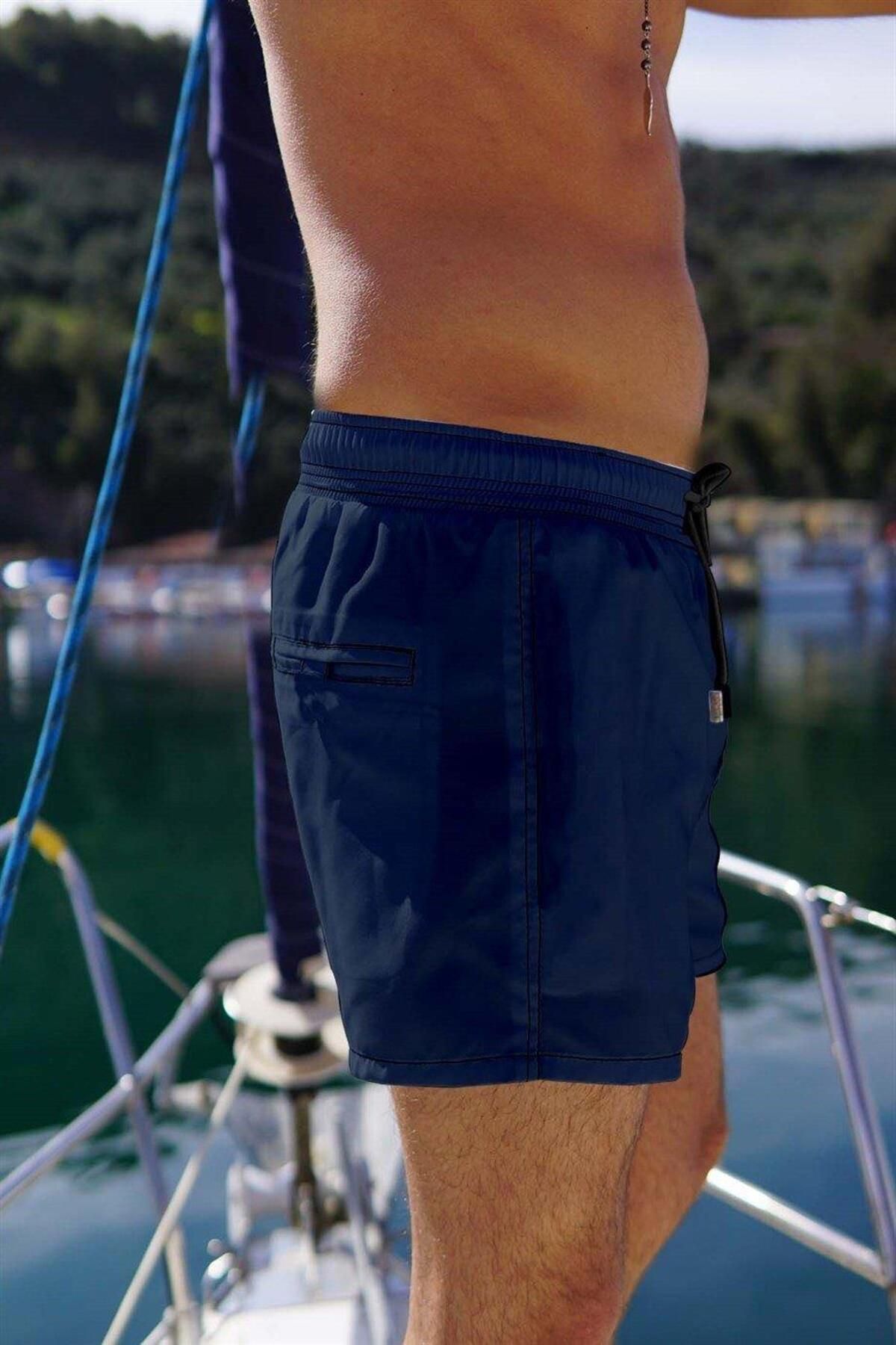 Miami Beach Erkek Lacivert Hızlı Kuruyan Kumaş Tek Arka Cepli Standart Boy Mayo Deniz Şortu 350-L