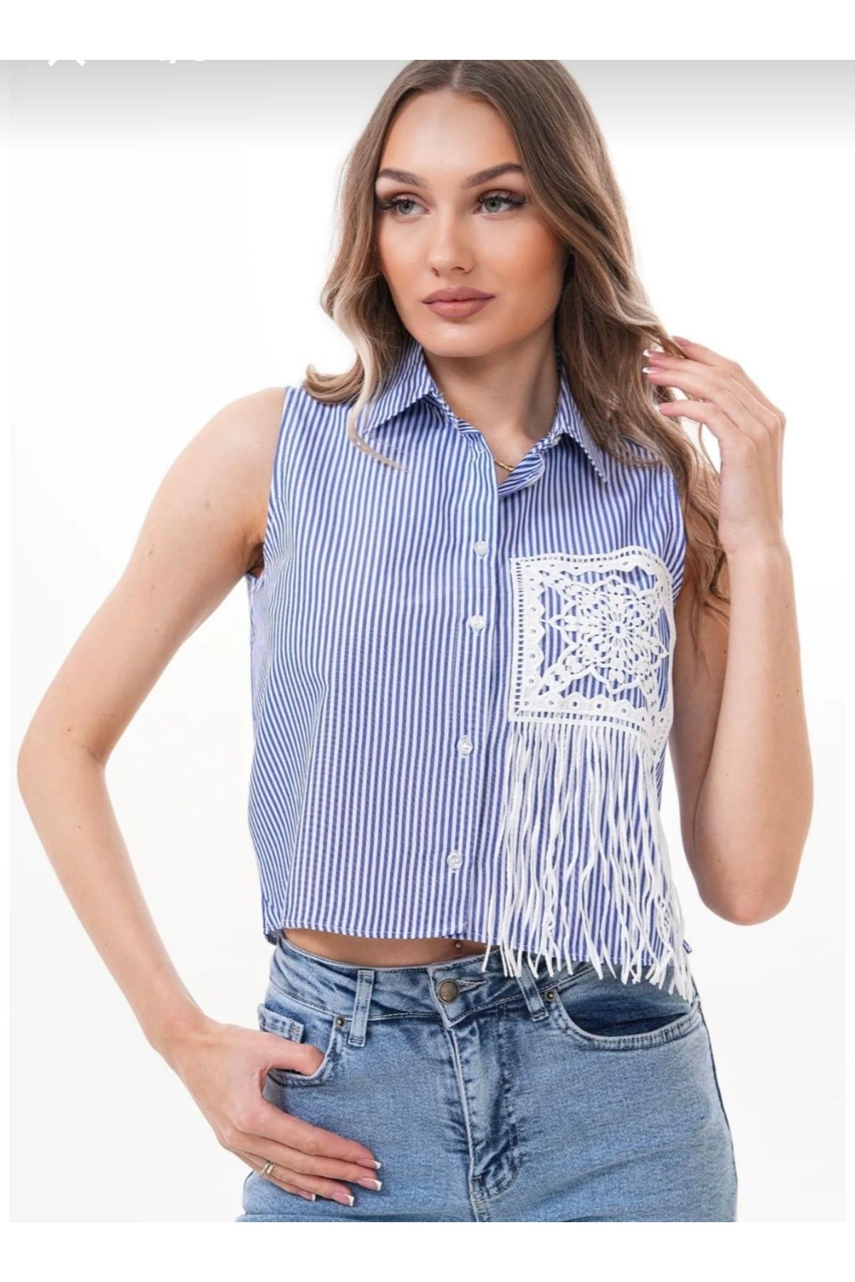 MODA Çizgili sıfır kol cep dantel detaylı crop gömlek