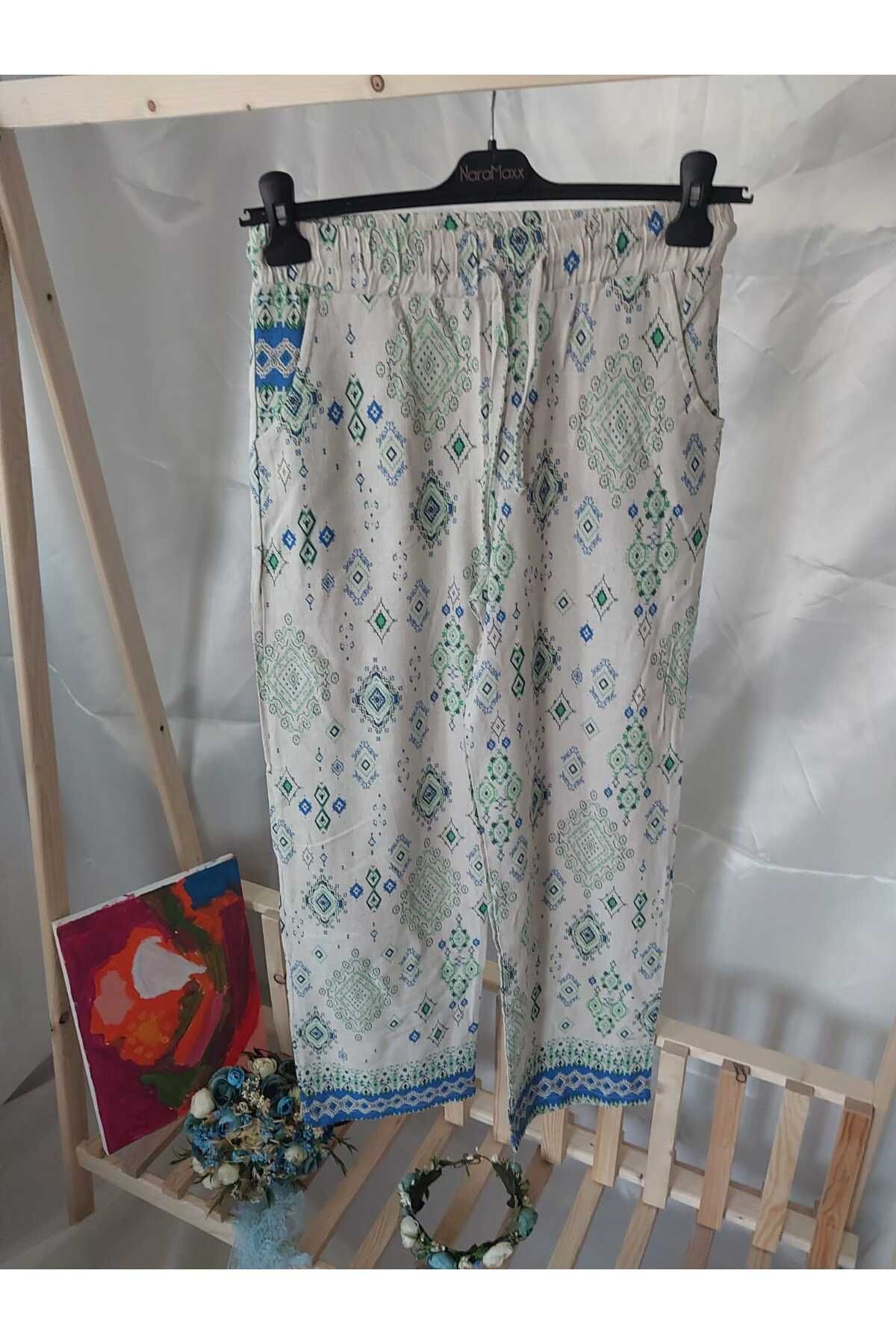 aryam butik Kadın Yüksek Bel Otantik Desenli Bol Kesim Yazlık Salaş Cepli Viskon Keten Pantolon