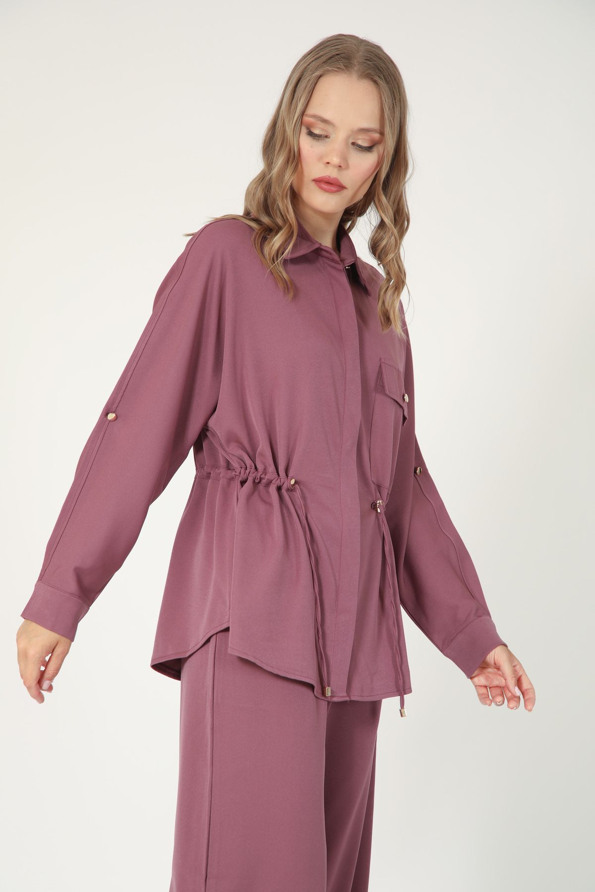 Suede Style 5728 - Şık Rahat Bel İp Büzgü Detaylı Gömlek-Pantolon Kadın Takım