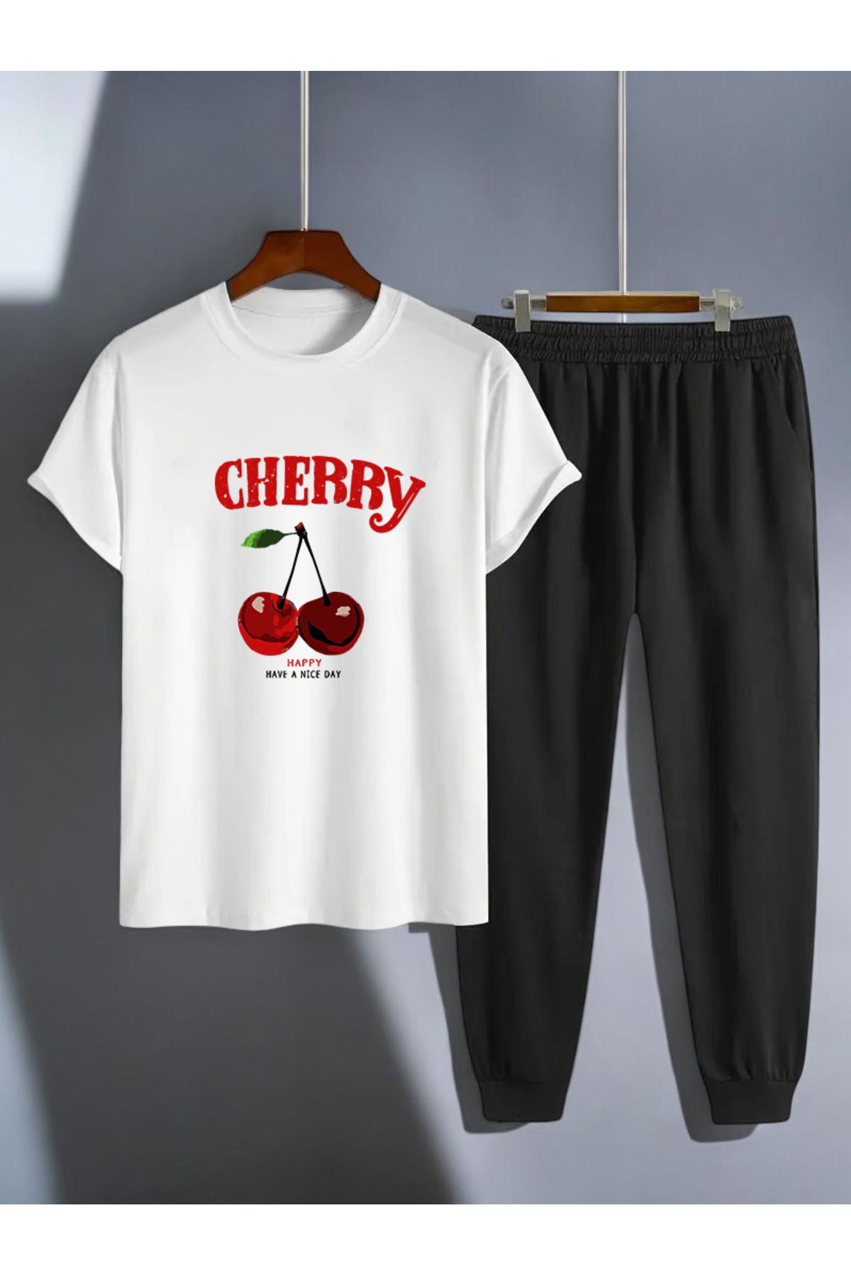 uyguntarz Unisex Happy Cherry Tasarım Basklı Tshirt Eşofman Takımı