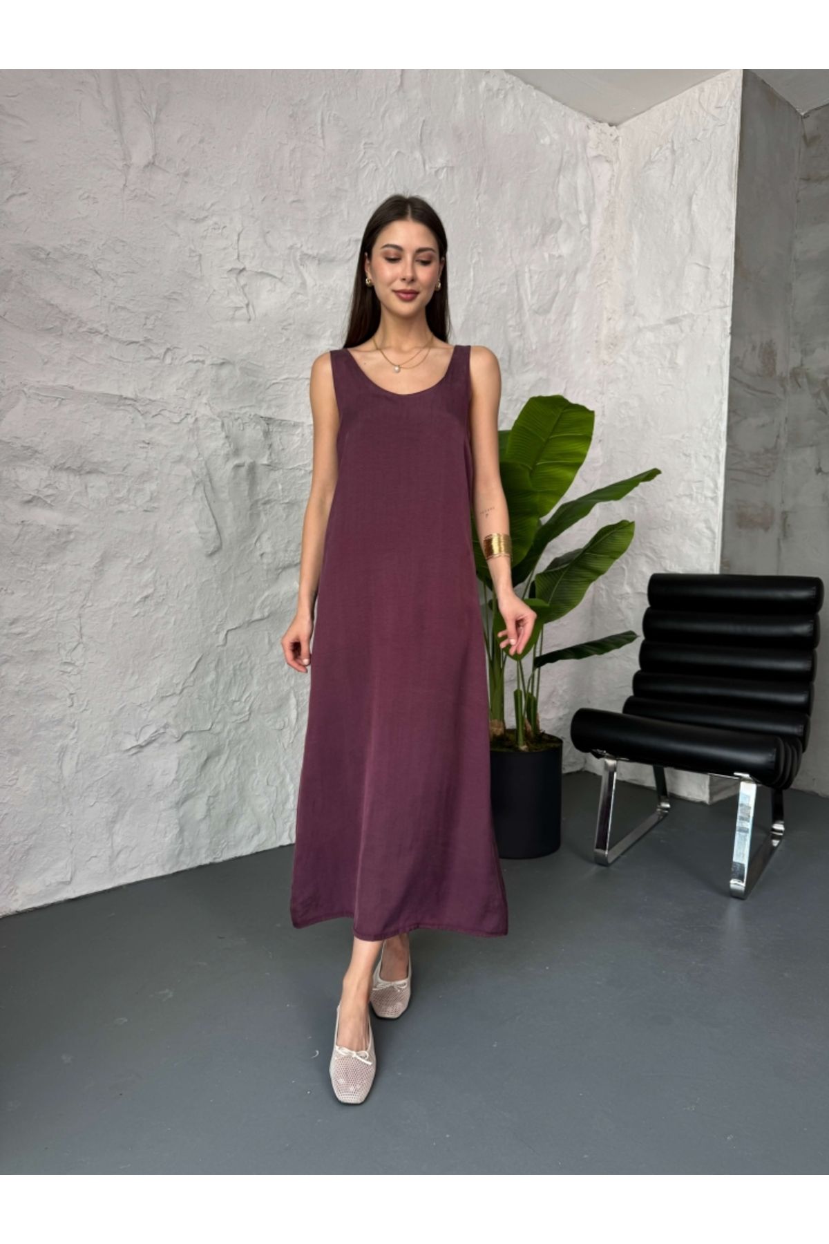 Elif Özbey Butik Mürdüm Premium Kalın Askı Uzun Elbise