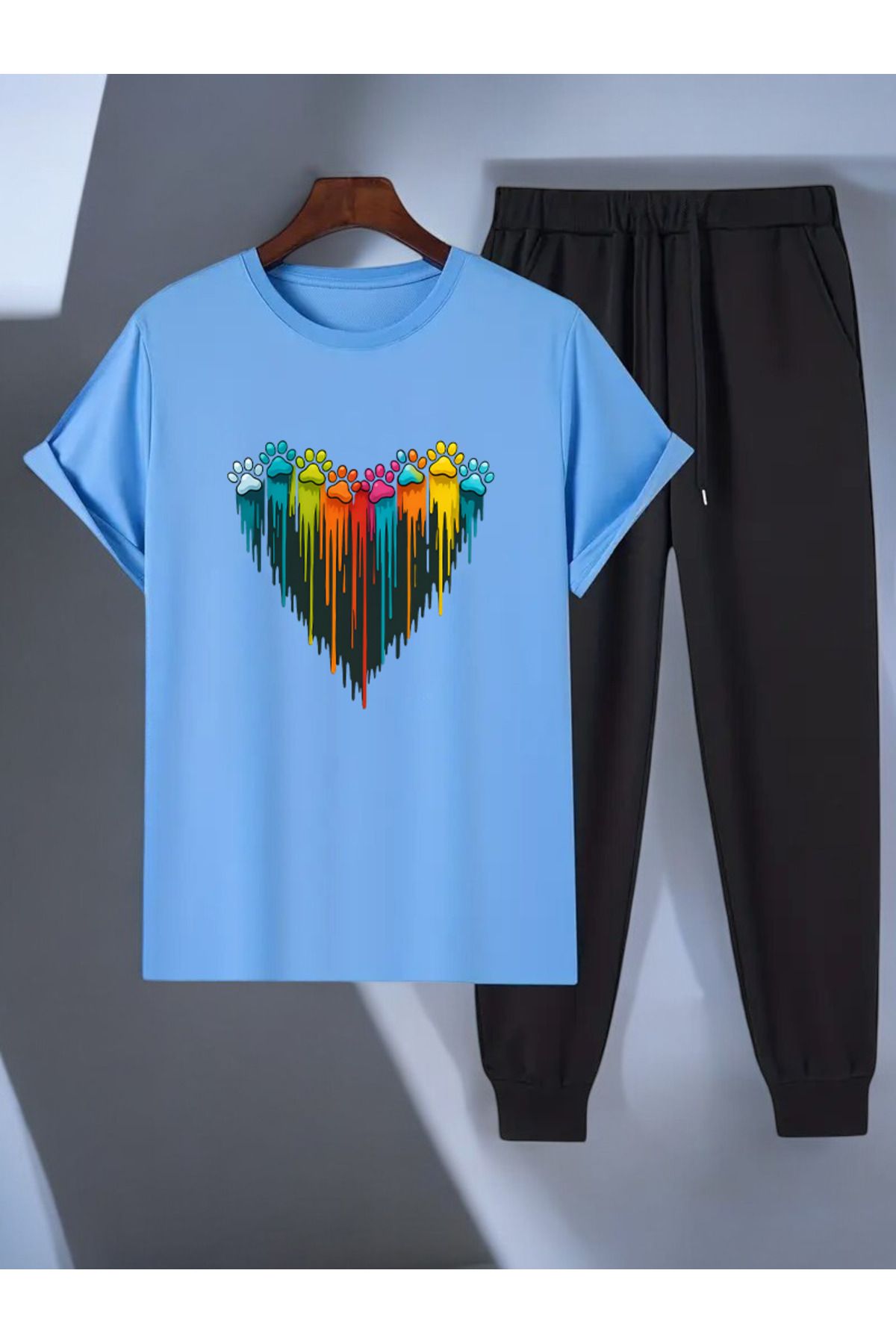 uyguntarz Unisex Pati Kalp Tasarım Basklı Tshirt Eşofman Takımı
