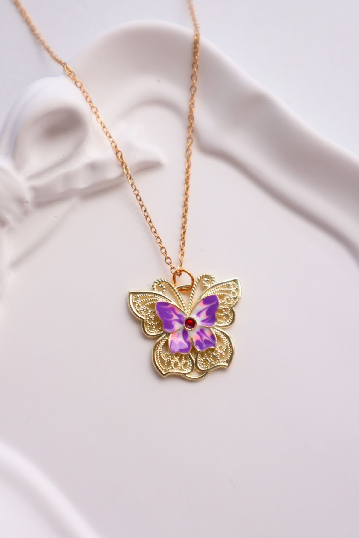 EFBUTİK Gold Renk Zincirli Mor İkili Kelebek İthal Kolye