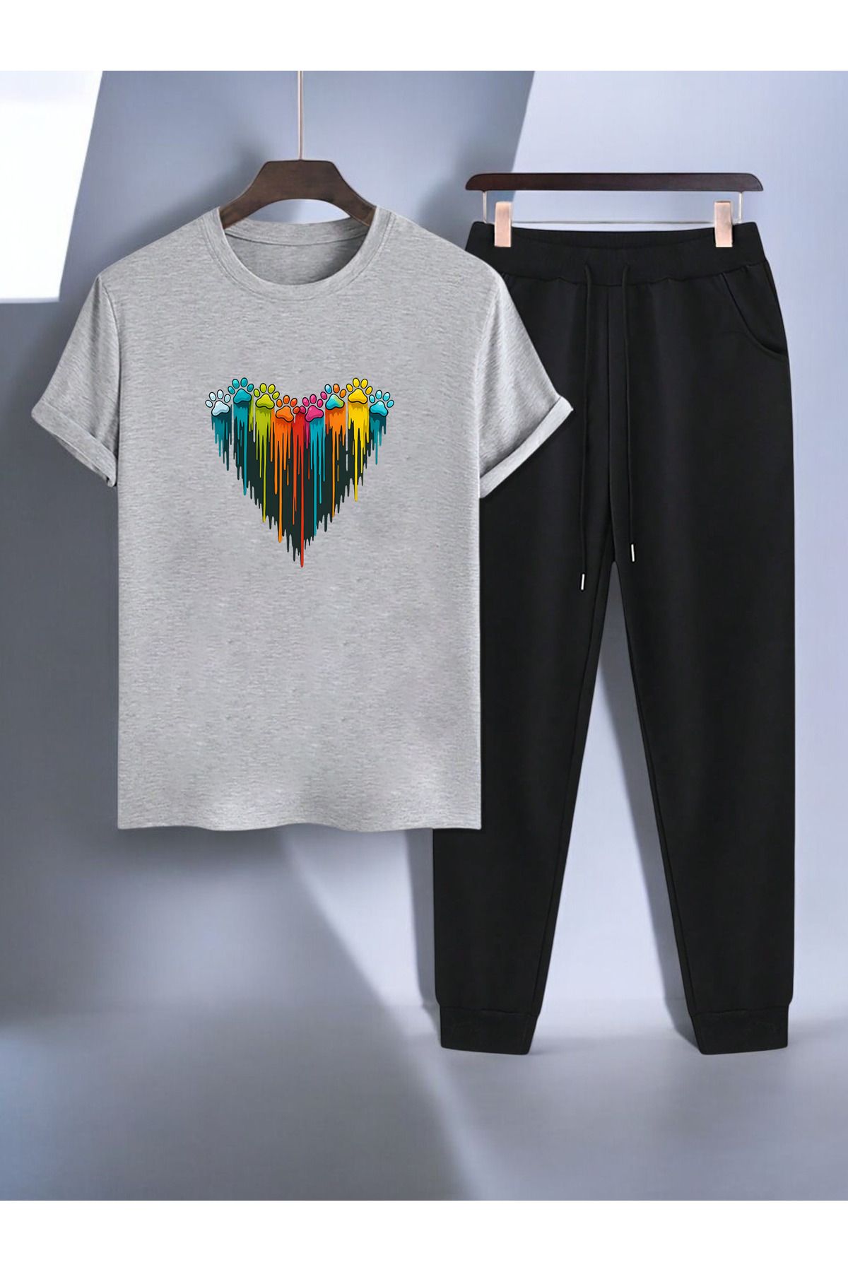 uyguntarz Unisex Pati Kalp Tasarım Basklı Tshirt Eşofman Takımı