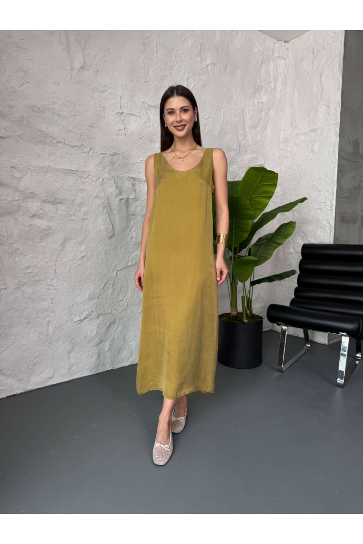 Elif Özbey Butik Safran Premium Kalın Askı Uzun Elbise