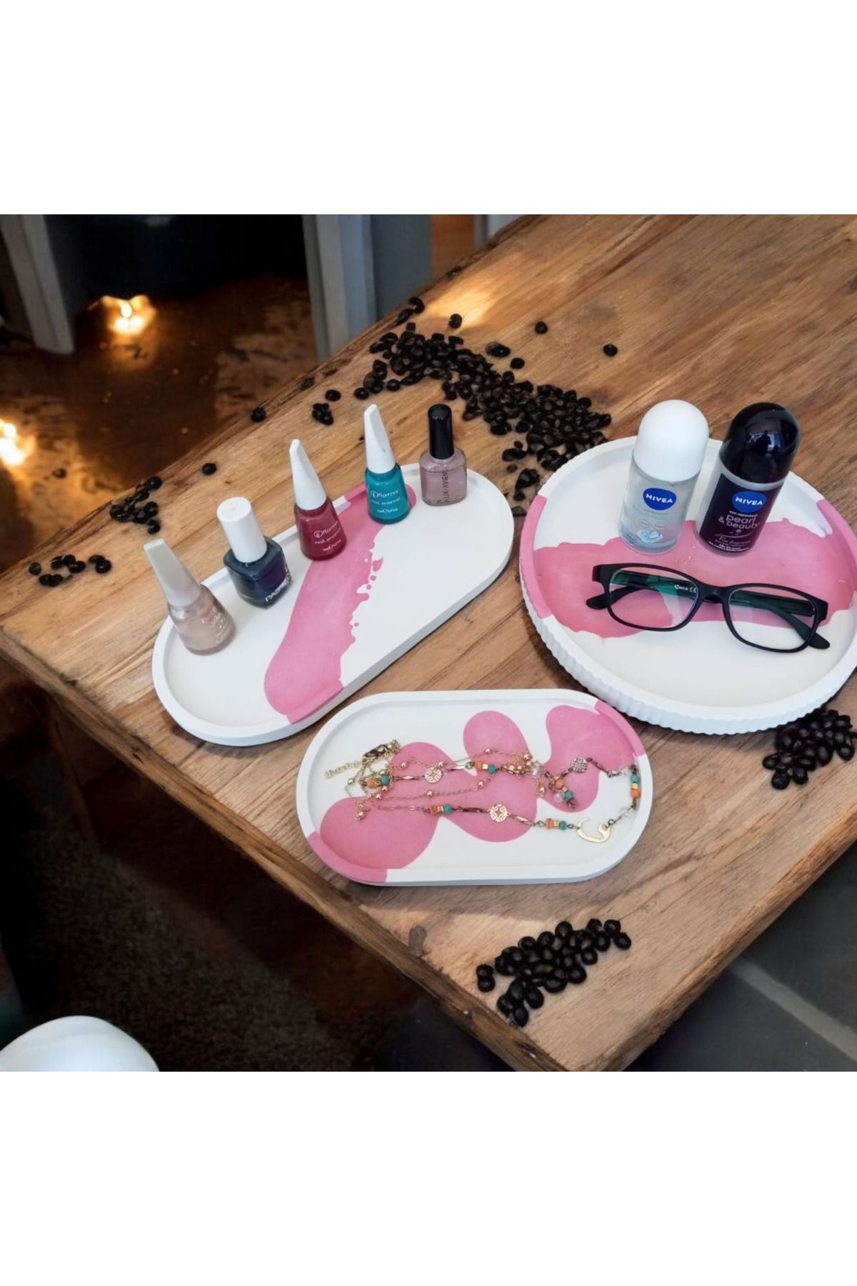 YILDIZ DECOR 3 adet sunumluk cok amaclı pembe desenli 3 boy tabak seti
