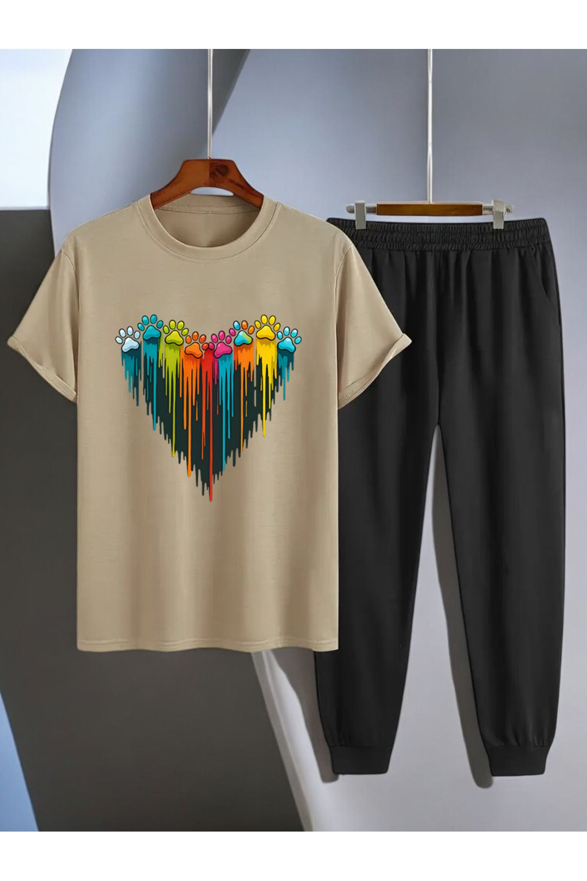 uyguntarz Unisex Pati Kalp Tasarım Basklı Tshirt Eşofman Takımı