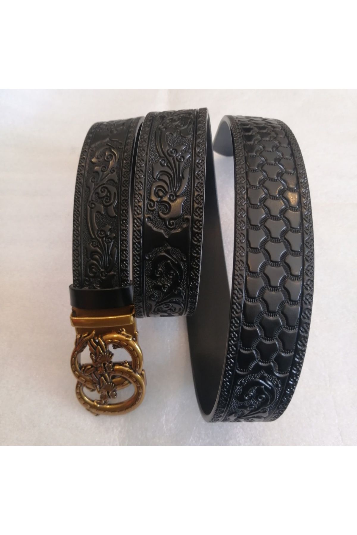 Butik Tülin Unisex otantik hakiki dana derisi siyah çiçek baskılı bronz çift ejderha otomatik tokalı kemer