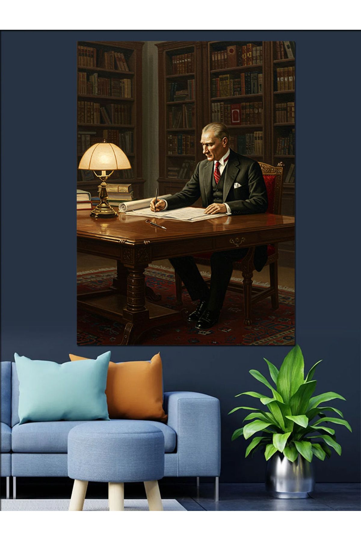 Tablomega Kitaplar Ve Mustafa Kemal Atatürk Dekoratif Kanvas - Mdf Ahşap Tablo