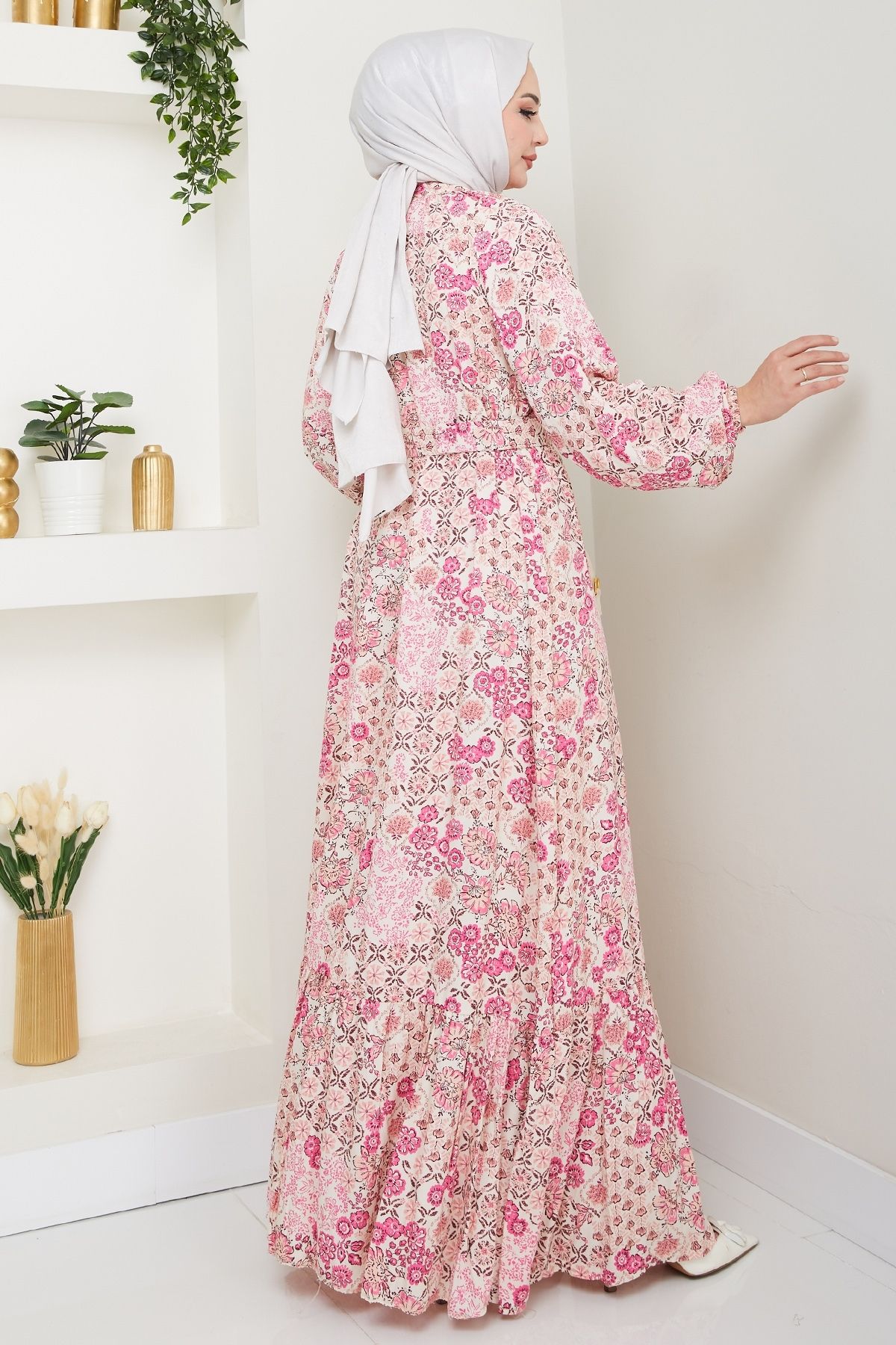InStyle-Rochie din viscoză roz cu flori de azalea 6