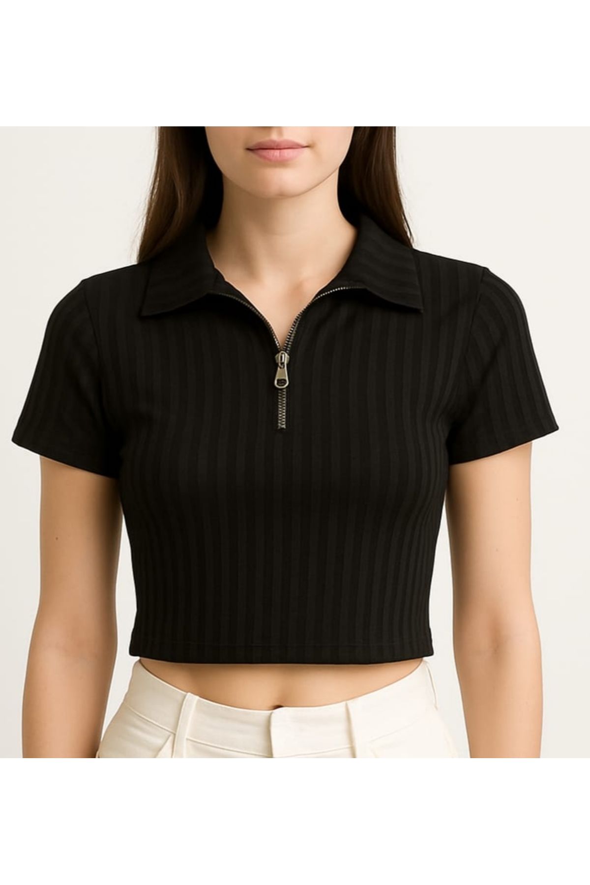 CASUALSTYLE YARIM FERMUAR DİK YAKA KISA KOLLU CROP