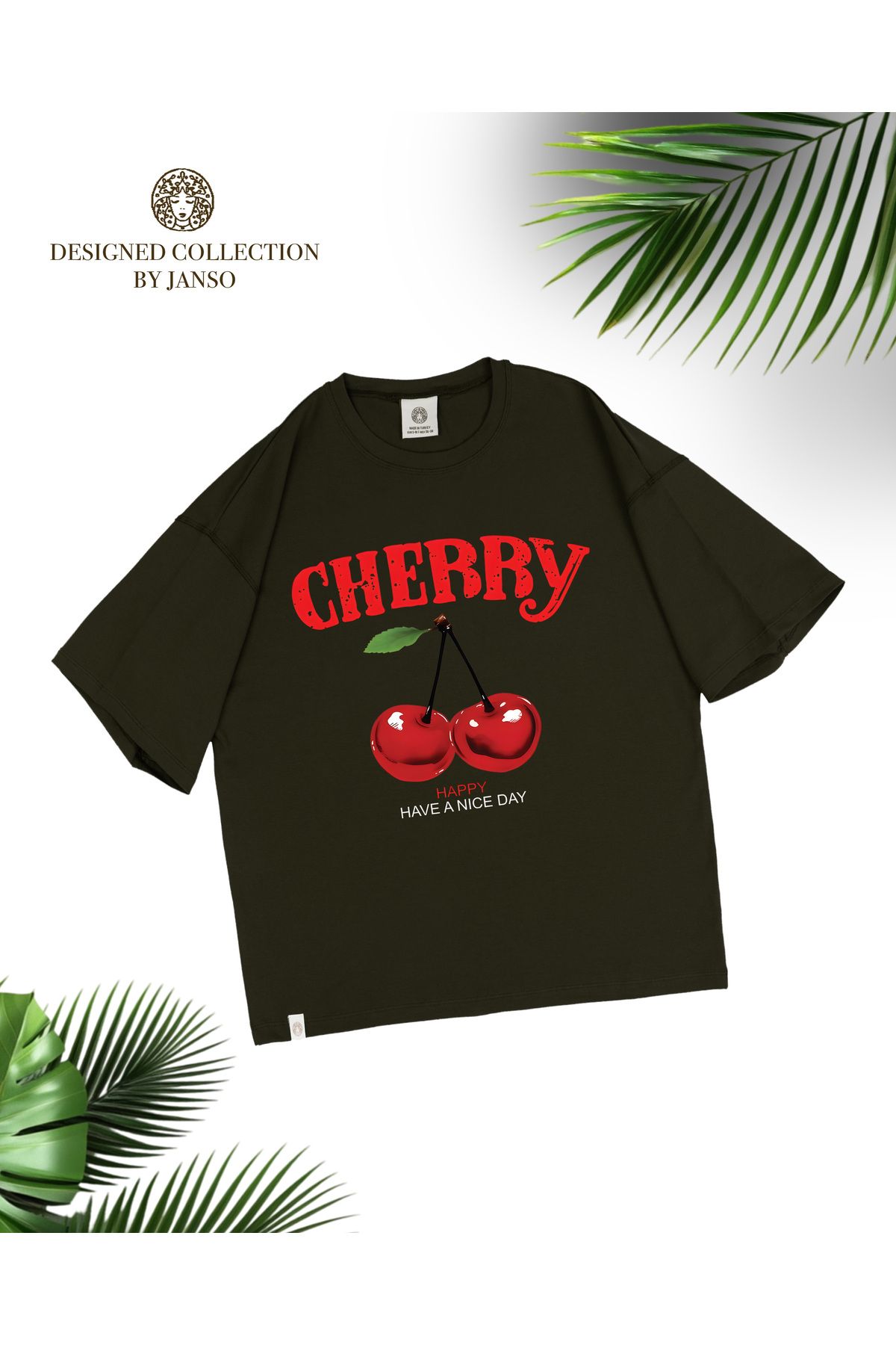 JANSO GROUP -KADIN KISA KOLLU CHERRY BASKILI TSHIRT BÜYÜK BEDEN OVERSIZE PAMUKLU KUMAŞ
