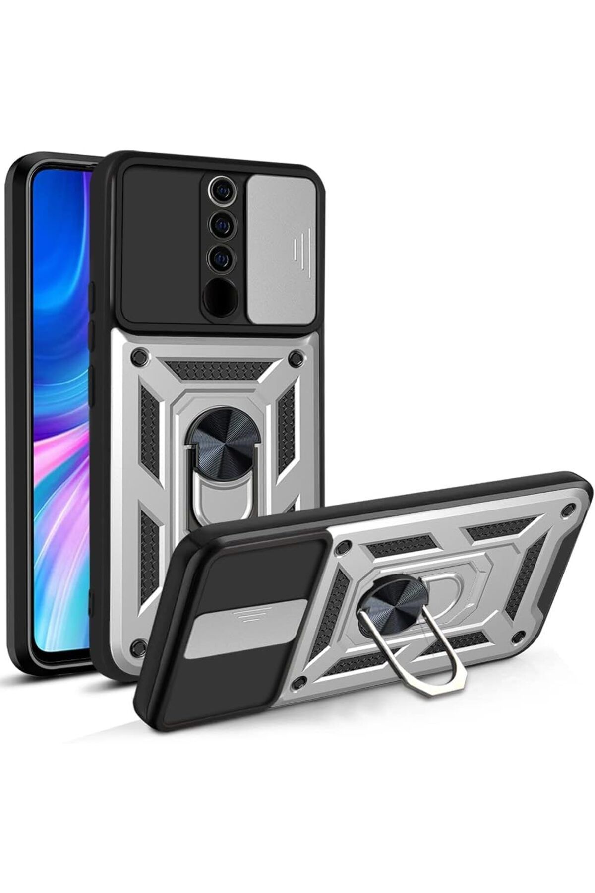 Rivor Xiaomi Redmi Note 8 Pro Uyumlu Kılıf Kamera Sürgülü Standlı Yüzüklü Darbe Emici Koruyucu Tank Kapak