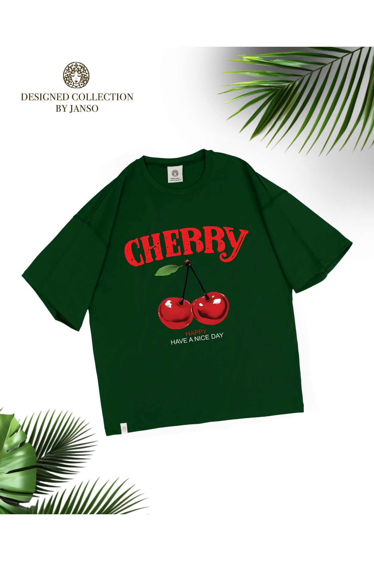 JANSO GROUP -KADIN KISA KOLLU CHERRY BASKILI TSHIRT BÜYÜK BEDEN OVERSIZE PAMUKLU KUMAŞ