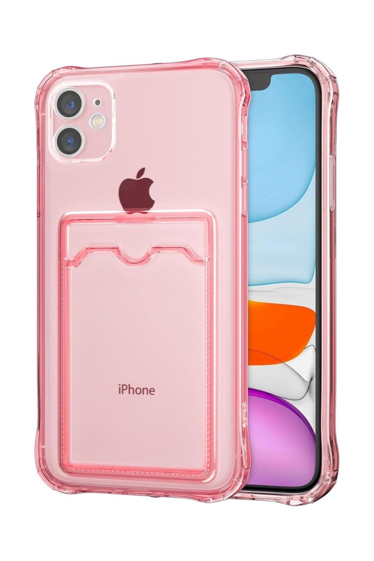 HANPORIUM Apple iPhone 12 Mini Kılıf Darbe Emici Köşe Korumalı Kartlıklı Cüzdanlı Silikon Kapak - Pembe