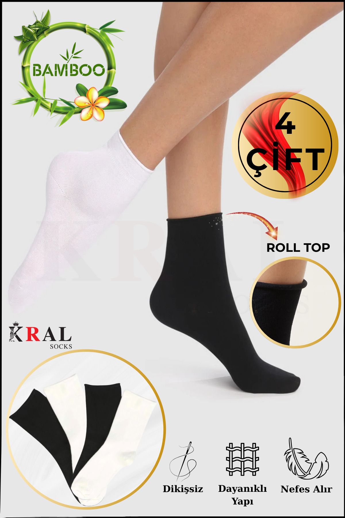KRAL SOCKS Kadın Roll-Top Lastiksiz Dikişsiz Bambu Soket Çorap 4 Çift
